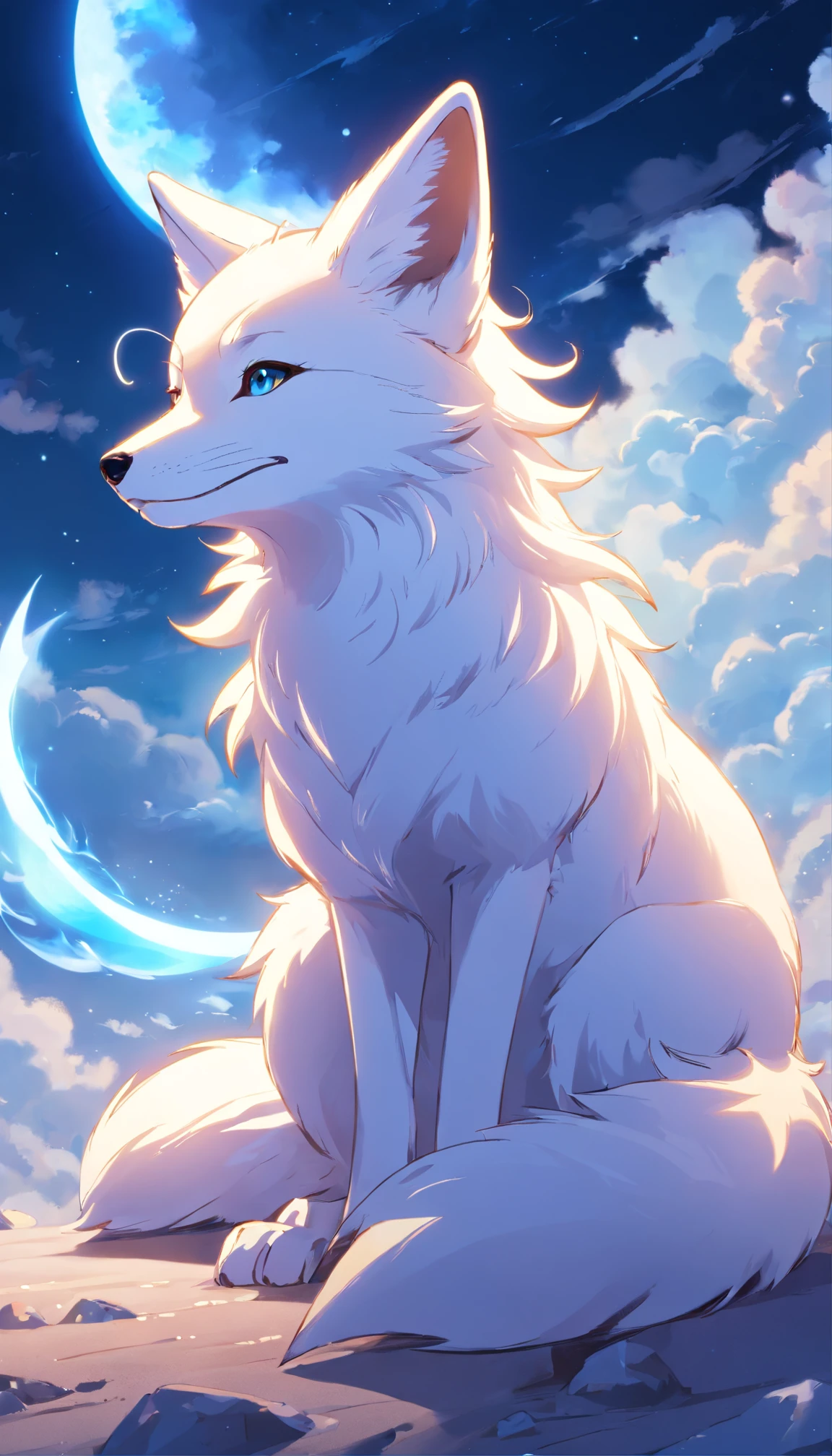 best quality, 8k, a white fox with blue flames on parts of its body lying on a moon, clouds scene