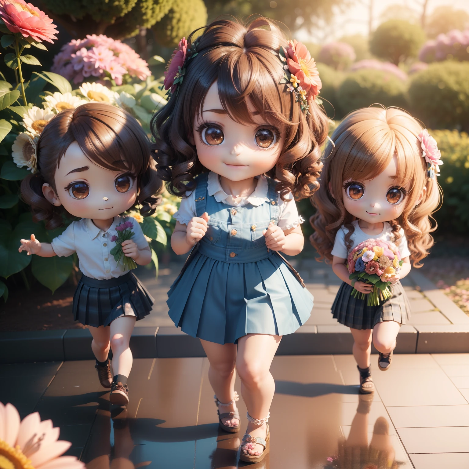 (((chibi3d))) (best quality) (masterprice) Cute Baby Chibi Anime,Curly Sauvage Hairstyles with Brown Hair,A smile,Denim shirts and(Floral Pleated Skirt:1.2),The background is the Royal Botanic Gardens, Bouquet of flowers in both hands