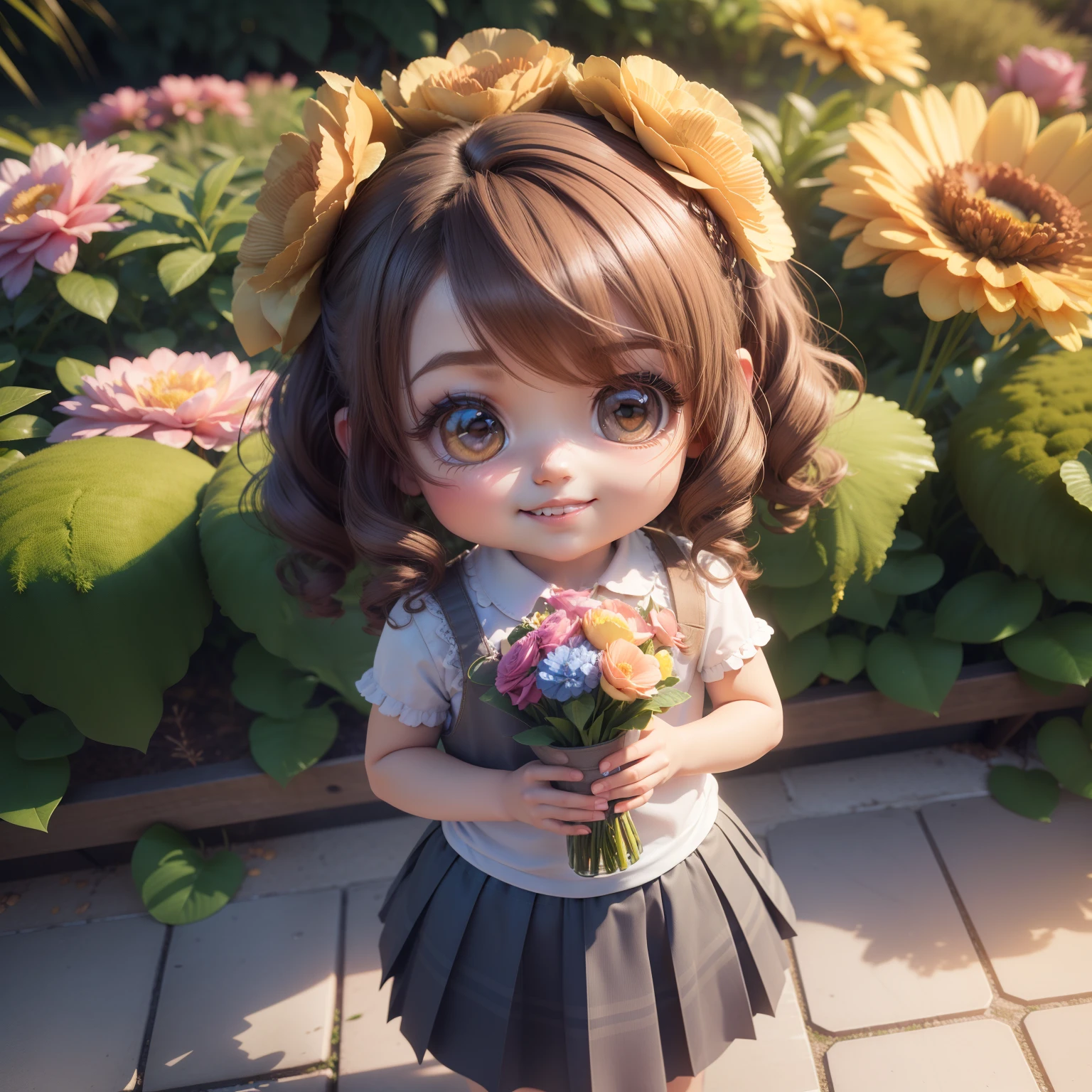 (((chibi3d))) (best quality) (masterprice) Cute Baby Chibi Anime,Curly Sauvage Hairstyles with Brown Hair,A smile,Denim shirts and(Floral Pleated Skirt:1.2),The background is the Royal Botanic Gardens, Bouquet of flowers in both hands