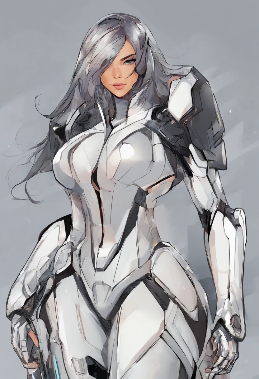 Personagen feminina, armadura futurista, peitos grandes, bunda grande, sorriso lindo, cabelo preto longo, capuz, segurando uma espada, melhor qualidade, 4k, seios gigantes