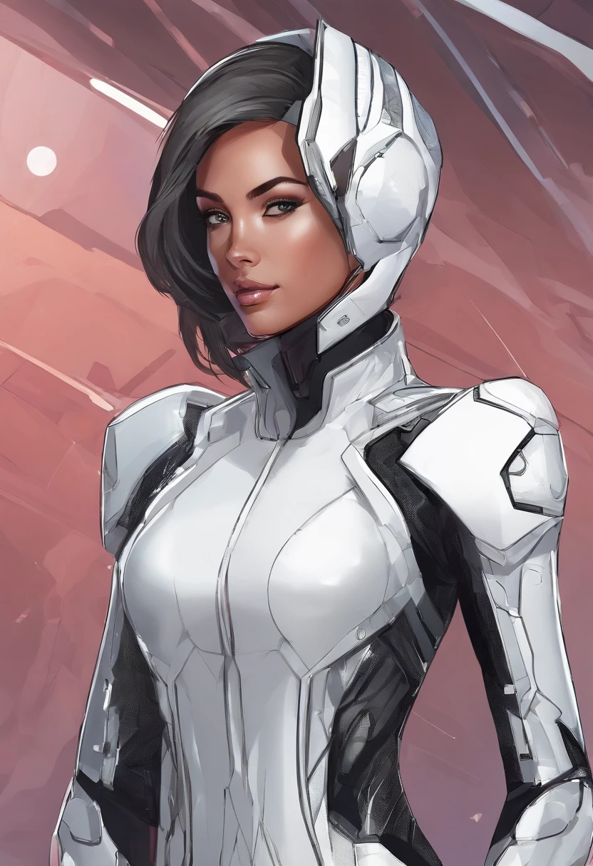 Personagen feminina, armadura futurista, peitos grandes, bunda grande, sorriso lindo, cabelo preto longo, capuz, segurando uma espada, melhor qualidade, 4k, seios gigantes