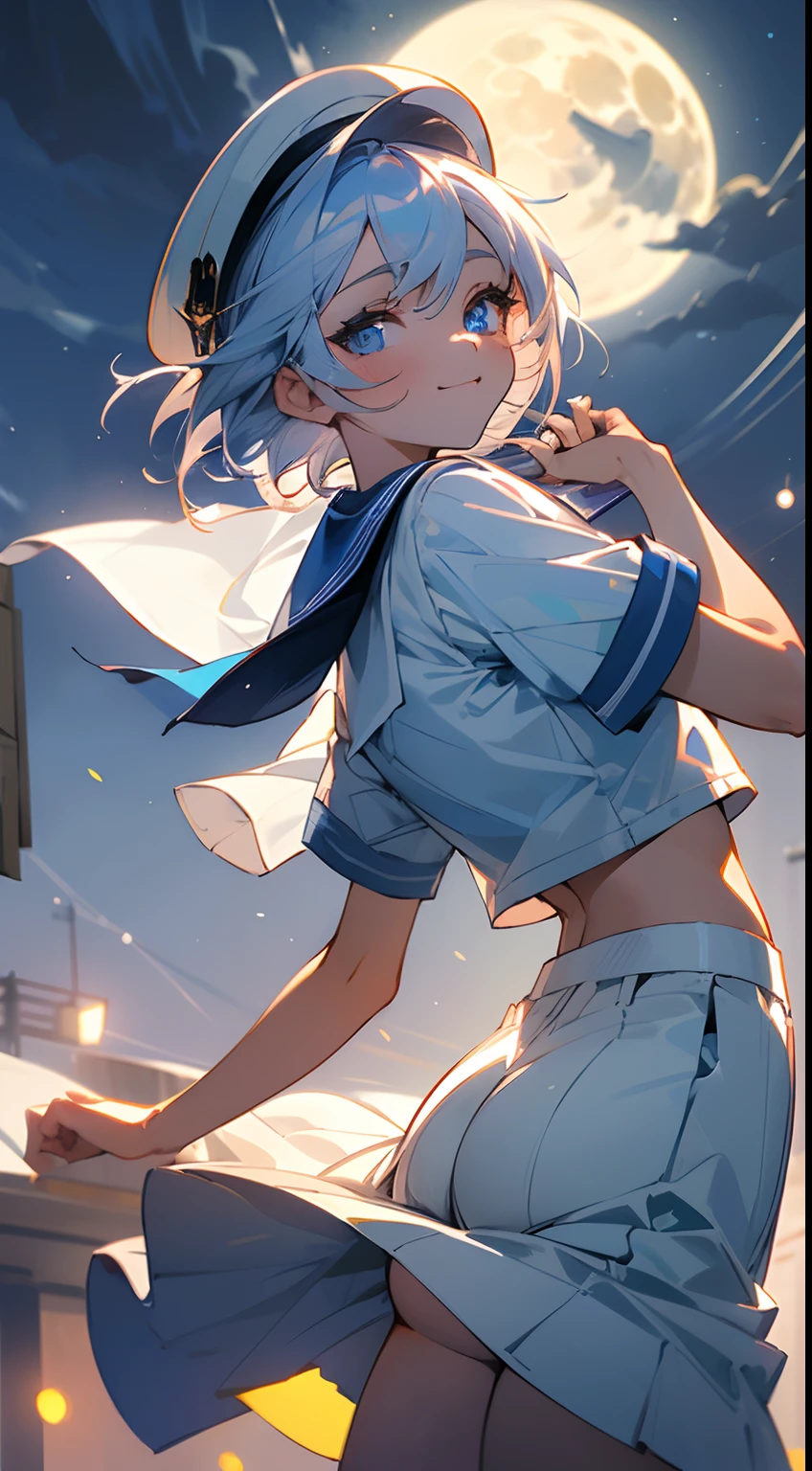 ((masterpiece), best quality, expressive eyes, perfect face, a marine girl, navy costume, sailor clothes, sailor collar, white shirt, (blue cap), (white hair), short hair, ((blue eyes, glowing eyes, night)), cropped shirt, defined abdomen, sensual, summer night, warm colors, back light, peaceful, peace, beautiful girl, beautiful eyes, stunning eyes, feminine, defined curves, white skirt, cinematic, asthetic, gorgeous, amazing, cute girl, happy, happyness,smilling, good energy, good vibes, full moon in the sky, bokeh, (full moon)
BREAK she is wearing a sailor clothes, she is using white shirt , she is wearing a blue cap, she is happy, is night, summer, the image transmit a peaceful feeling, the image pass happy emotions, beautiful asthetic, the image has a perfect light and cool colors