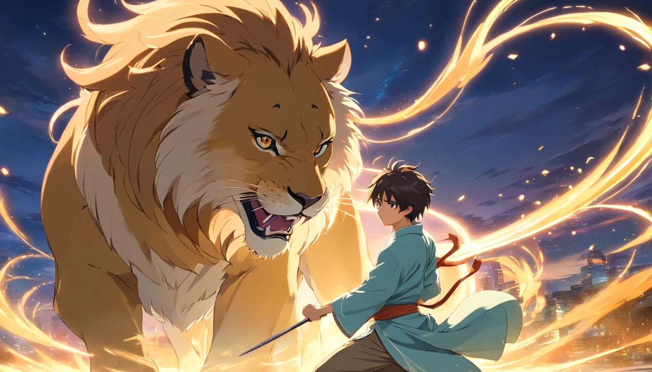 Beautiful-looking young man of short structure of light robes with the beito covered by the blouse fighting against a fierce lion that is already vanquished being held by the beard