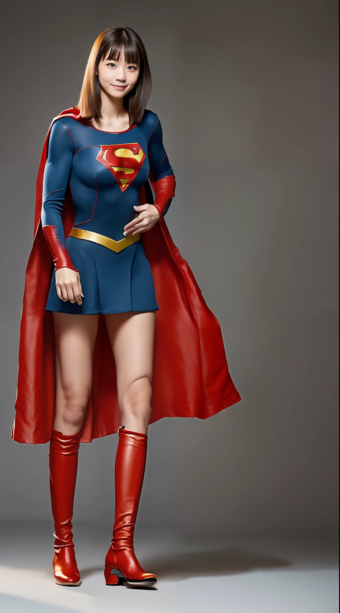 (((Make the most of the original image)))、(((Supergirl Costume)))、(((shiny short hair)))、(((Suffering)))、(((Feet must necessarily be worn with black tights)))、(((Smile)))、(((You need to wear red boots)))、((Top image quality、8K))、((top-quality、8K、​masterpiece:1.3))、(((Keep your background simple)))、Crisp focus:1.2、Beautiful woman with perfect body shape:1.4、Slender Abs:1.2、((layers-Cut、large boob:1.2))、a wet body:1.5、Highly detailed facial and skin texture、