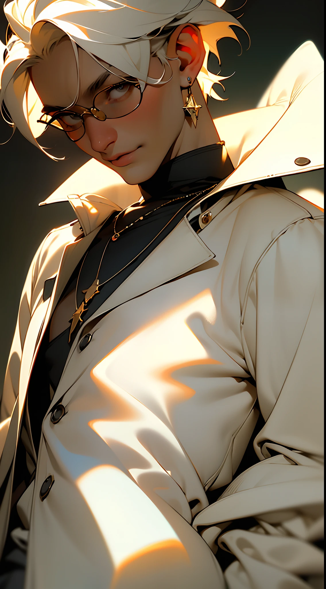 masterpiece,(masterpiece, top quality, best quality),(((flat color))),1boy, close up short, male focus, jewelry, solo, white hair, looking at viewer, necklace, upper body, earrings, hair between eyes, jacket, grey eyes, short hair, smile, blurry, open clothes, black jacket, bangs, closed mouth, shirt, blurry background, messy hair