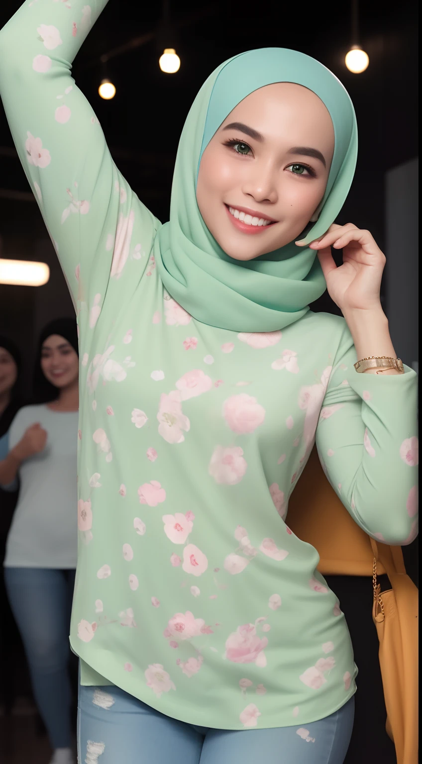 Malay girl in hijab, wear pastel green Floral Print Flounce Sleeve Square Neck Dress with jeans, pink sneakers, , laughing and posing with both hand on top of her head, touching her own white head, wear backpack, front view, hijab blown, windy, detail skin, age spot, detail skin texture, mole below eyes, small breast, flat chest, wide hips, small waists, thick thighs, slim abs, beautiful body, nighttime, laughing, happy, bright lighting, college student in background, crowded cafe, blur background, bokeh,