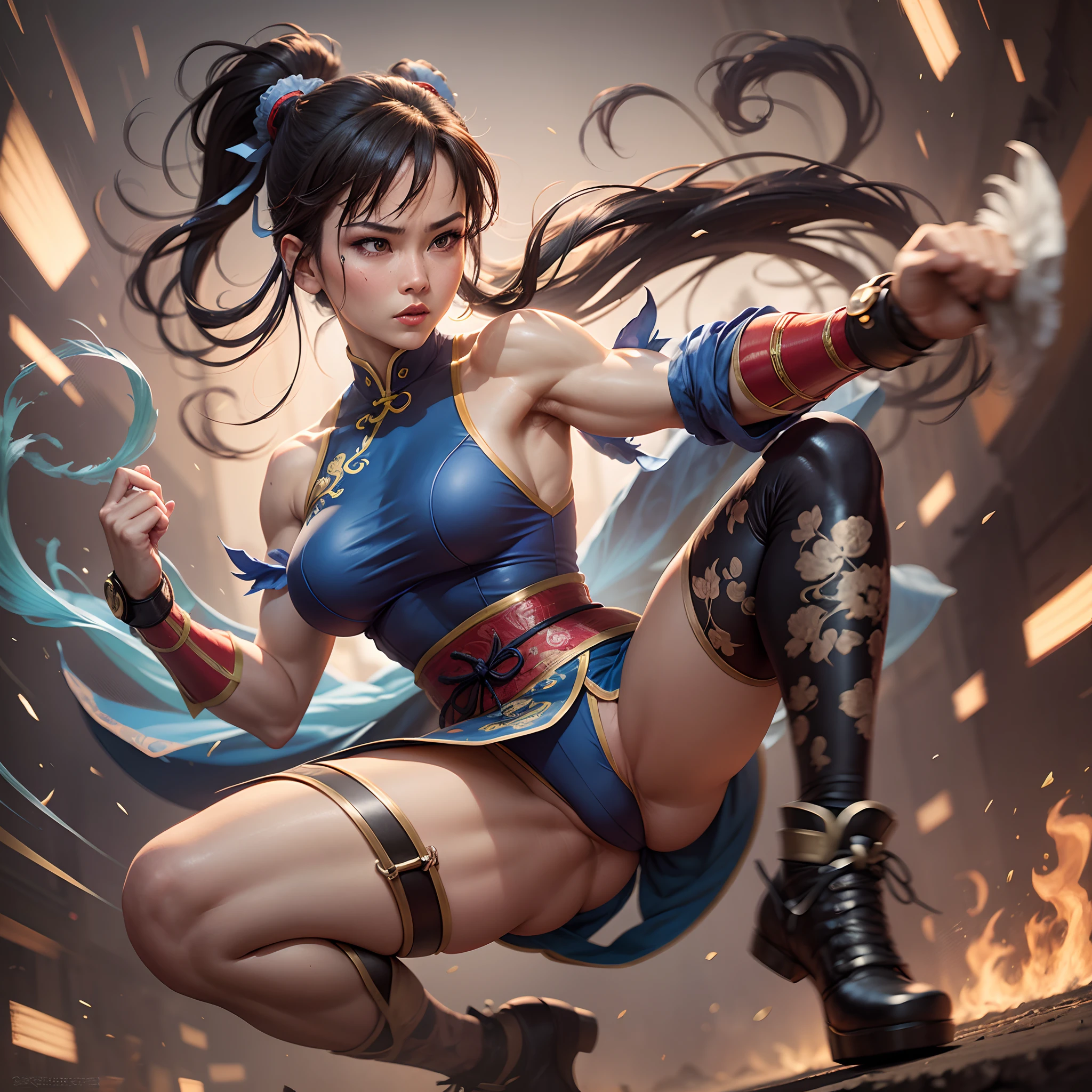 In a realistic professional and marketing photoshoot, capture Chun Li, the iconic Street Fighter character, in a mid-action pose. Show her strength and determination as she executes a powerful high kick, her focus and intensity evident in her piercing eyes. Highlight her traditional Chinese-inspired attire, complete with embroidered details and vibrant colors that convey her heritage and martial arts prowess. Enhance the composition with dynamic lighting that accentuates the contours of her muscular physique, while keeping the background clean and minimalistic, allowing her to be the center of attention. --auto --s2