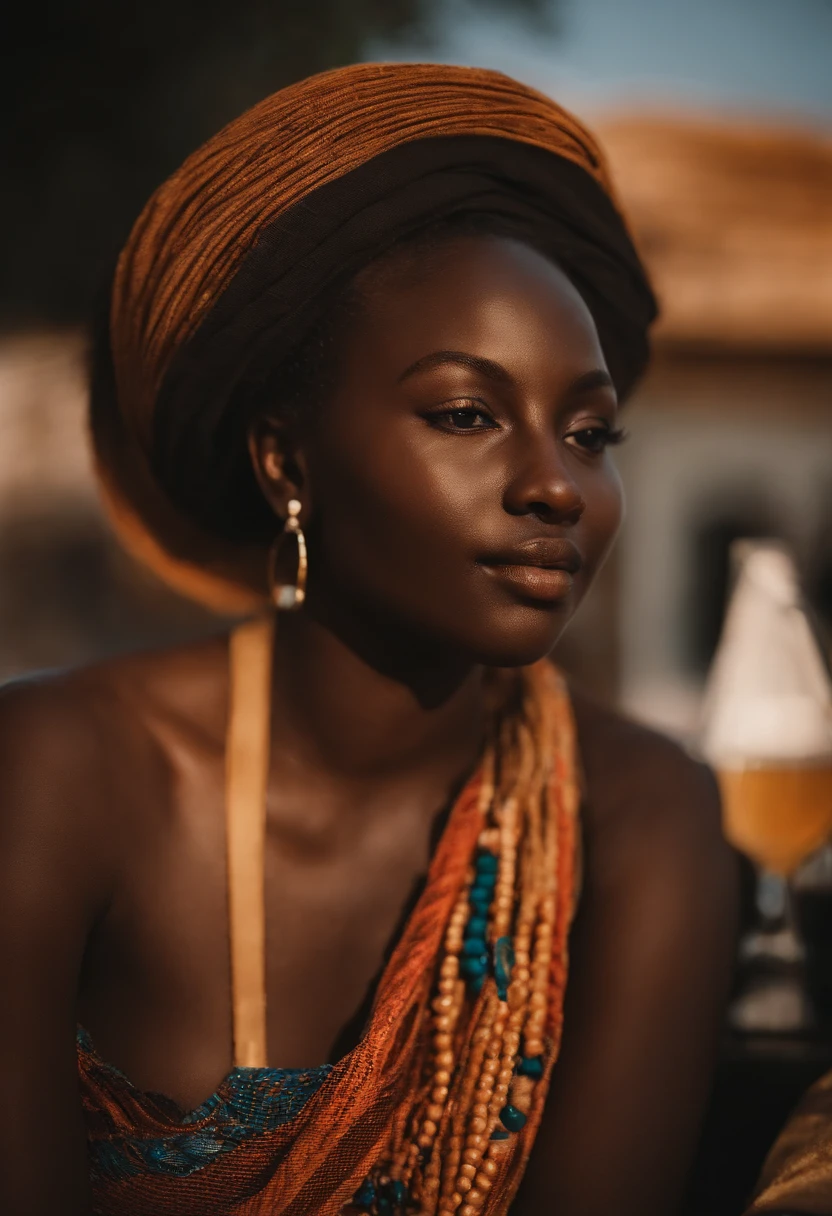 Close-up photograph of Smanéquato-senegalaise:1.3), 20 ans, (Se pencher:1.3), (grande taille de poitrine:1.3), Exposer les seins, Blonde (Tresses du Dakar:1.3), (Regarder le spectateur:1.3), dans le bar, intime, hyper realistic texture human skin, Flat lighting, (saturation douce:1.2), style analogique,