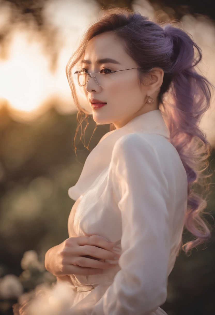 tmasterpiece，best qualtiy，cinematic Film still from，1girl，Cloud Girl，Floating in the sky，closeup cleavage，brightly，cheerfulness，Warm and soft lighting，the sunset，（spark of light：0.7）,1girl， Purple eye， 独奏， sun glasses， Purple colored hair， glasses on head， looking at viewert， ssmile， 耳Nipple Ring， jewely， Turn Back， By bangs， The upper part of the boep one's mouth shut， Star Kafka，， shiny， Glossy glossy skin， a mature female,Kitagawa Uyudo house style, anime visual of a young woman,Focus on the face Delicate and beautiful face High ponytail,城市,Outdoors,Stand up,long leges,Mature woman,Big breasts wife,Married Woman,Mature woman,office  lady,(Masterpiece), (Best quality), (Ultra detailed),(Disheveled hair),huge tit,Stiletto heels,Slender and tall,Exquisite details,The feet are delicate