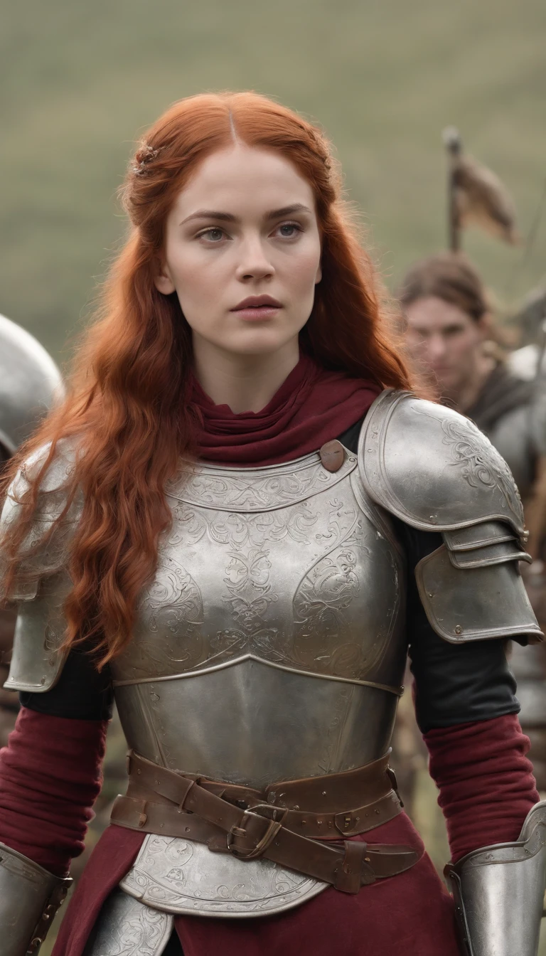 Woman in red hair armor standing in front of an army, menina na armadura do cavaleiro, Rainha ruiva em armadura vermelha pesada, Poots Imogen como um paladino, female redhead templar, de uma bela cavaleiro feminina, Poots Imogen como Paladino Santo, cavaleiro feminino bonito, Menina da armadura, Annasophia Robb como Joana D'Arc