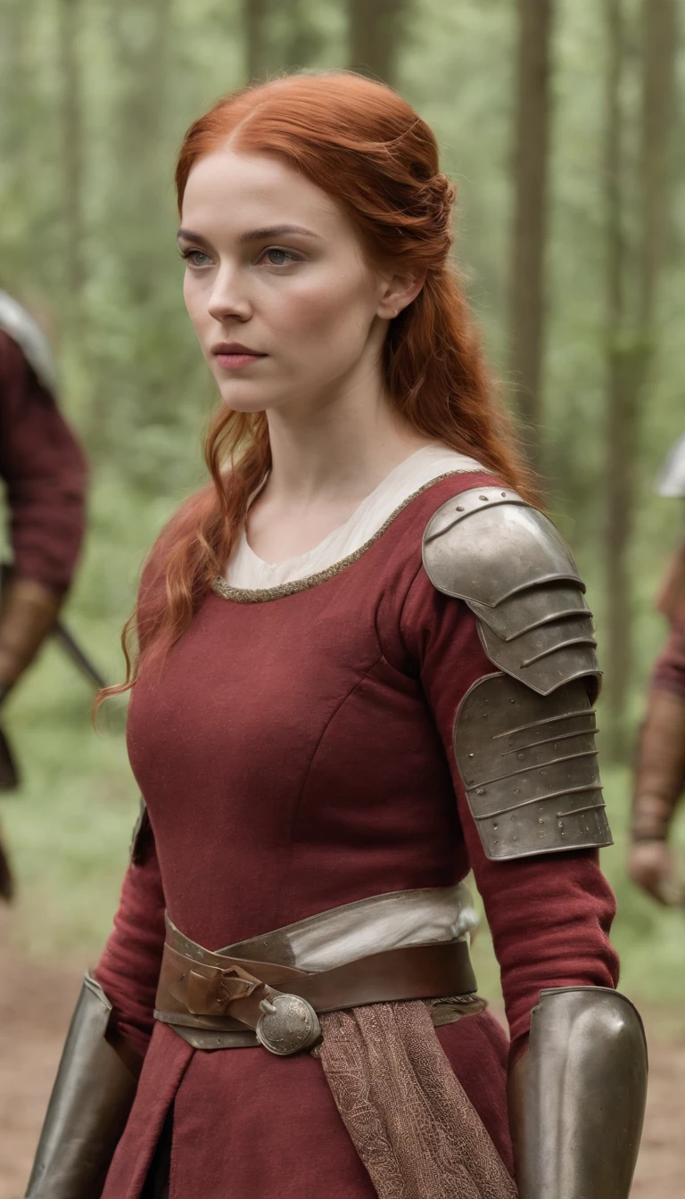 Woman in red hair armor standing in front of an army, menina na armadura do cavaleiro, Rainha ruiva em armadura vermelha pesada, Poots Imogen como um paladino, female redhead templar, de uma bela cavaleiro feminina, Poots Imogen como Paladino Santo, cavaleiro feminino bonito, Menina da armadura, Annasophia Robb como Joana D'Arc