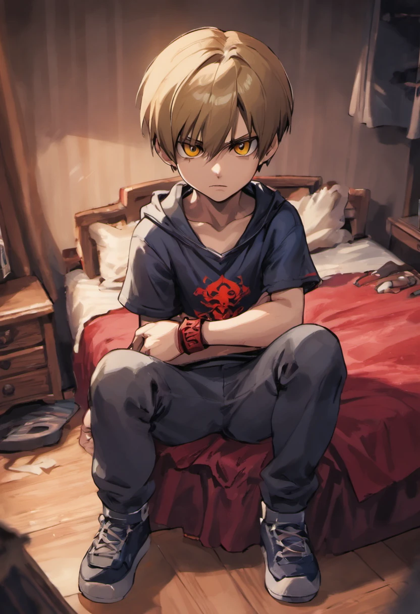 Leon S. Kennedy 9 year old sitting on his bed in his room in an ordinary house
