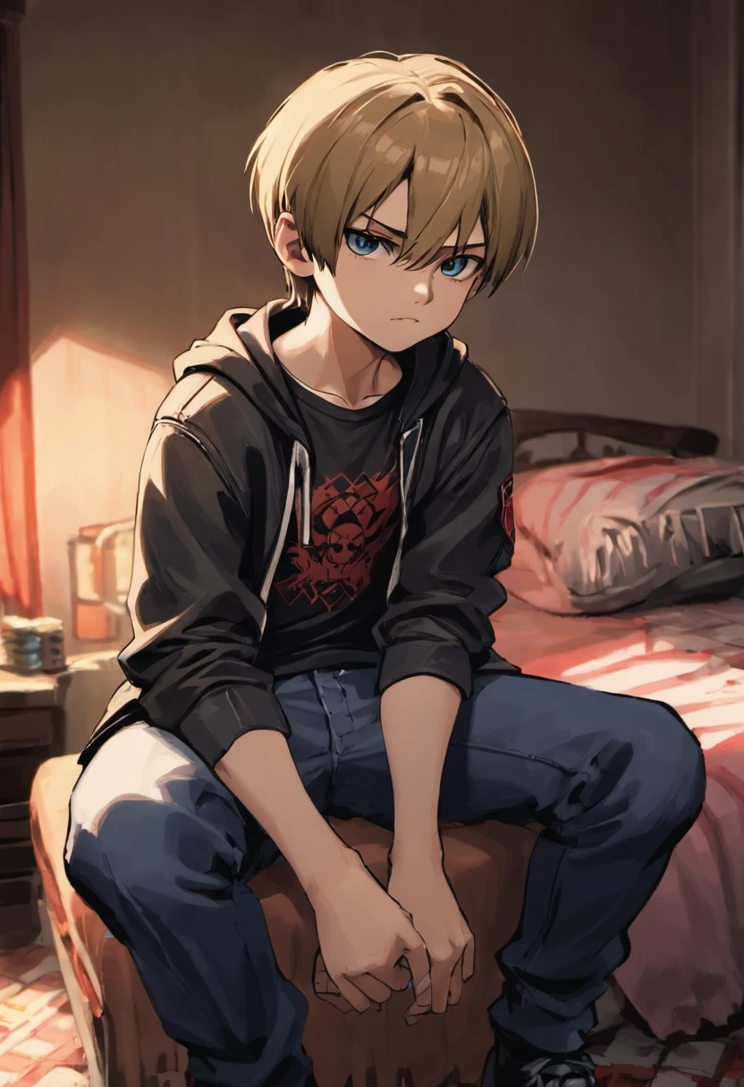 Leon S. Kennedy 9 year old sitting on his bed in his room in an ordinary house