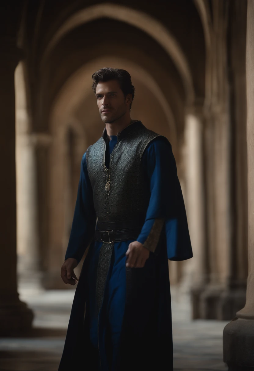 (melhor qualidade, alta resolução, realista:1.37), Gilthunder is a British man of average height, with a slender construction, mas musculosa, that exudes confidence. Your hair is deep, marrom liso, reaching up to the neck, com alguns fios delicadamente caindo em seu rosto, adding a touch of mysterious elegance.His face is truly remarkable, with beautiful features and a chiselled jaw that gives an air of determination. Your skin is pale, com um subtom rosa sutil, further enhancing its classic beauty. Her lips are naturally pink, while his nose is straight and flawless, completando a harmonia de seu rosto.Gilthunder's eyes are like two deep pools of intense blue, carrying a serious and penetrating expression. They seem to reflect deep knowledge and unwavering inner strength.Dressed in a black medieval tunic, Gilthunder emits an aura of mystery and authority. Sua figura, with the tunic accentuating his silhouette, it appears as if straight out of a tale of knights and castles. Adicionalmente, He has a muscular physique, further reinforcing its imposing presence.cinematic realistic portrait, bonito rosto detalhado, rosto realista altamente detalhado, Rosto altamente detalhado de 8k, retrato de rosto detalhado realista, 8k portrait render, sharp high detail face, realistic face moody lighting, rosto realista detalhado, rosto realista humano, Retrato VFX altamente detalhado, rosto detalhado e realista, rosto realista e detalhado