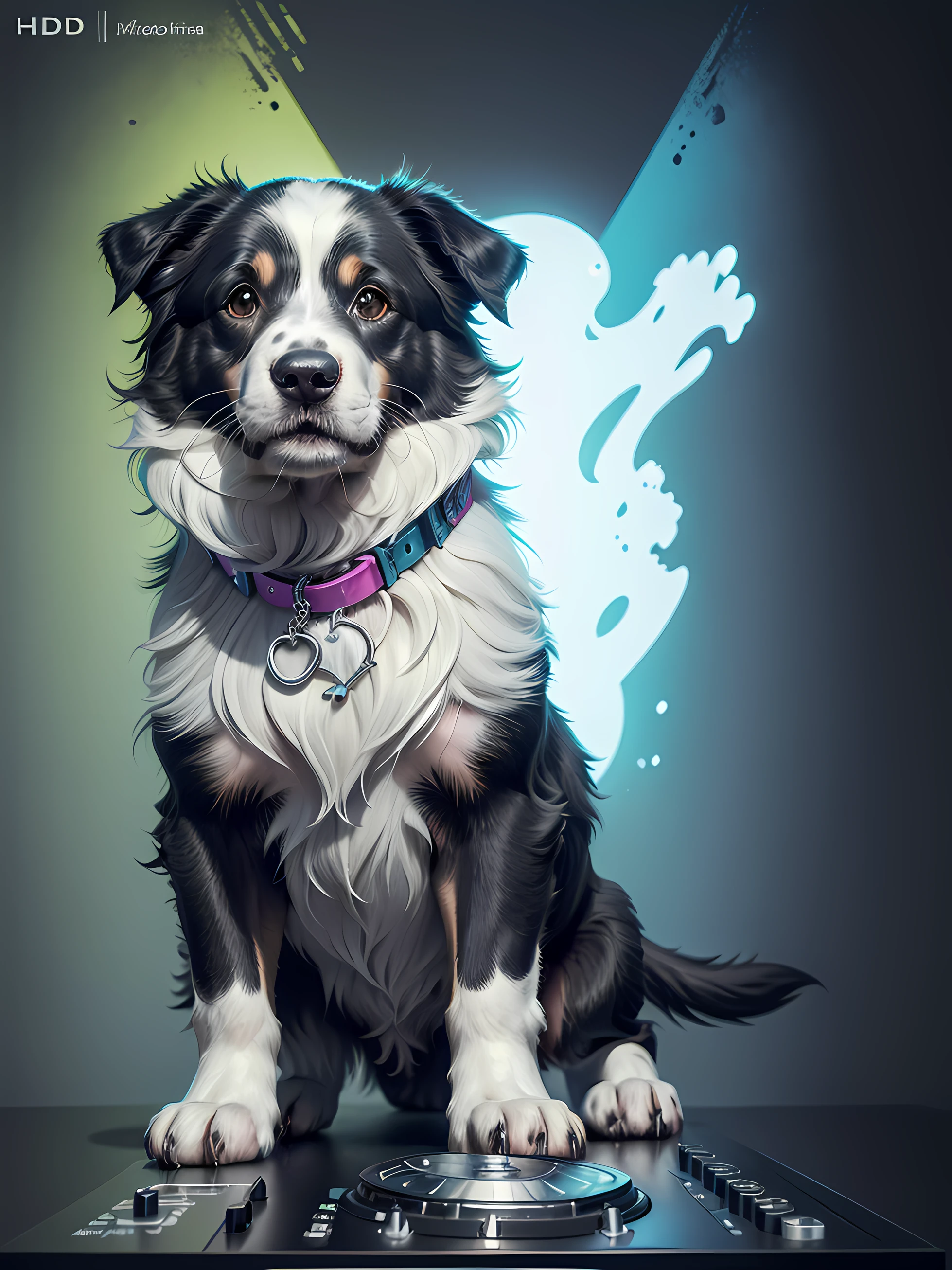 um cachorro Border Collie, pintura estilo 3D aquarela, DJ dog listening to music, DJ Border Collie Dog, imagem completa, High resolution high contrast (fotorrealista:1.5), (Foto RAW, 8k UHD,