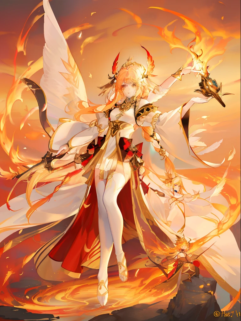 Anime game Arcane Garden's of the Great White Empire - Girl, fairy, golden eyes, fiery golden hair, orange feather wings, fairy wings, feathers, fiery golden dress, white tights, white hairpin, lotus bracelet, fiery lotuses, lake, sunset, Asian temple on the background, white scythe