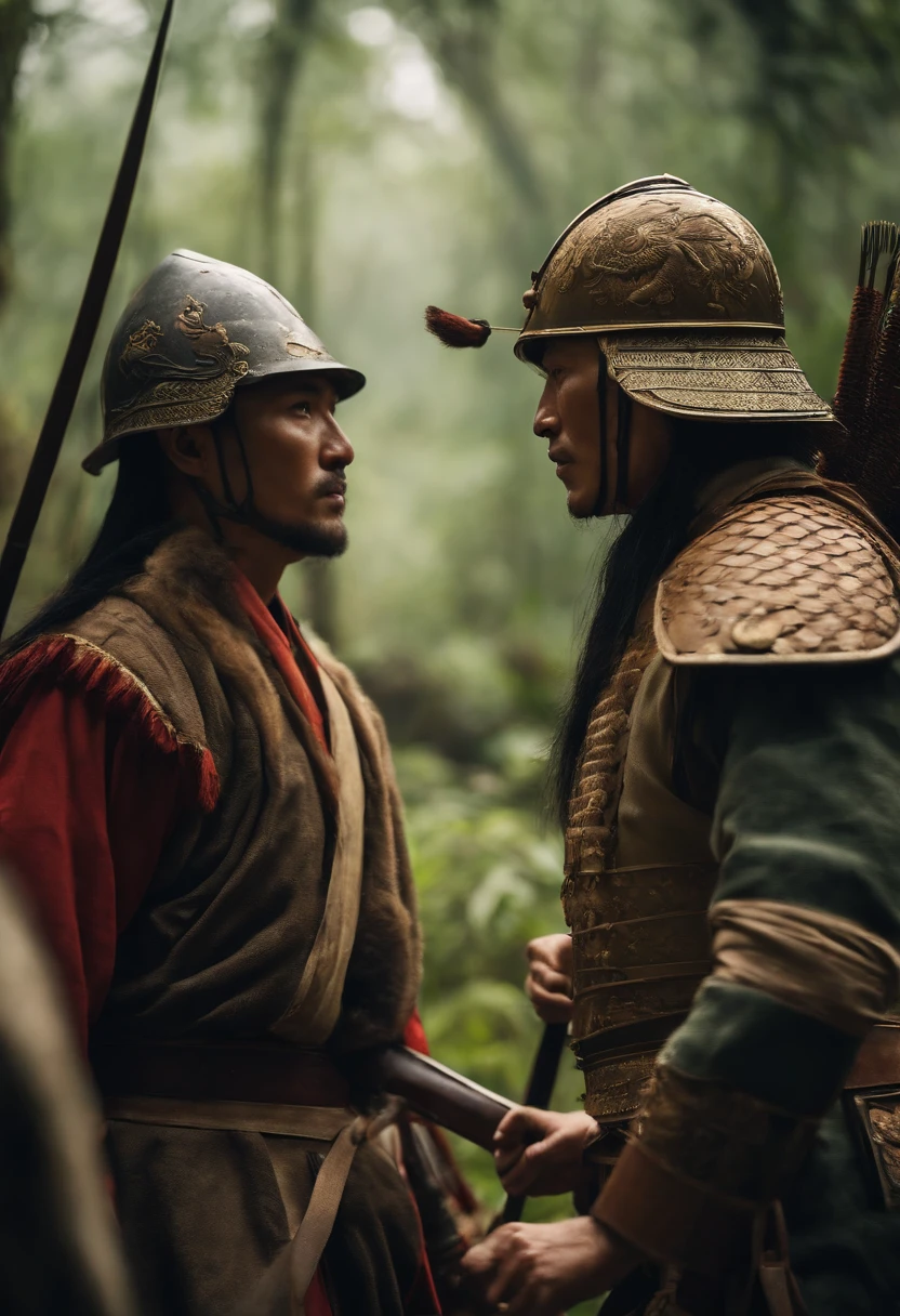 Ancient Chinese soldiers meet ancient European soldiers in the jungle，Weapon each other against each other，The atmosphere is intense，