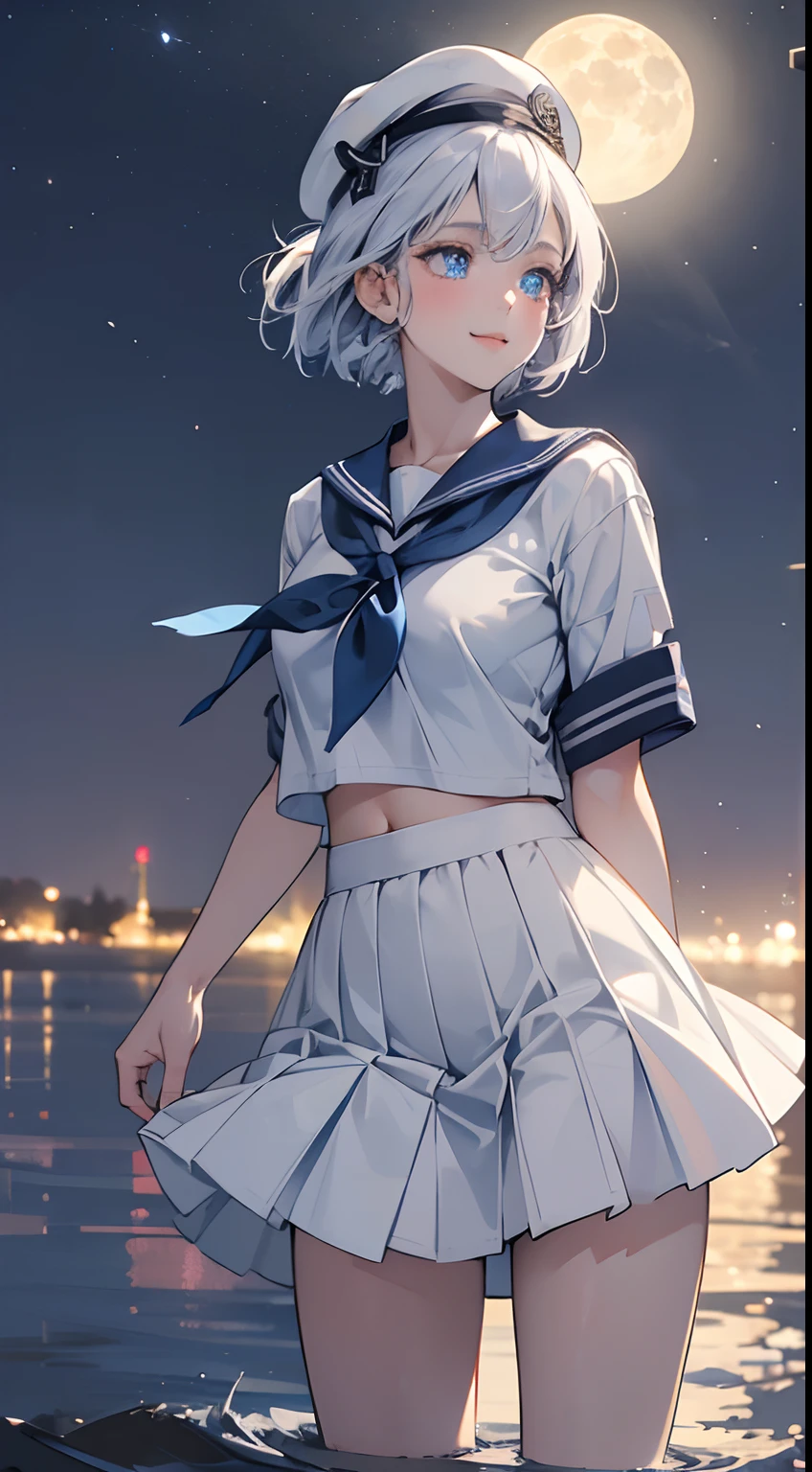 ((masterpiece), best quality, expressive eyes, perfect face, a marine girl, navy costume, sailor clothes, sailor collar, white shirt, (blue cap), (white hair), short hair, ((blue eyes, glowing eyes, night)), cropped shirt, defined abdomen, sensual, summer night, warm colors, back light, peaceful, peace, beautiful girl, beautiful eyes, stunning eyes, feminine, defined curves, white skirt, cinematic, asthetic, gorgeous, amazing, cute girl, happy, happyness,smilling, good energy, good vibes, full moon in the sky, bokeh, (full moon)
BREAK she is wearing a sailor clothes, she is using white shirt , she is wearing a blue cap, she is happy, is night, summer, the image transmit a peaceful feeling, the image pass happy emotions, beautiful asthetic, the image has a perfect light and cool colors