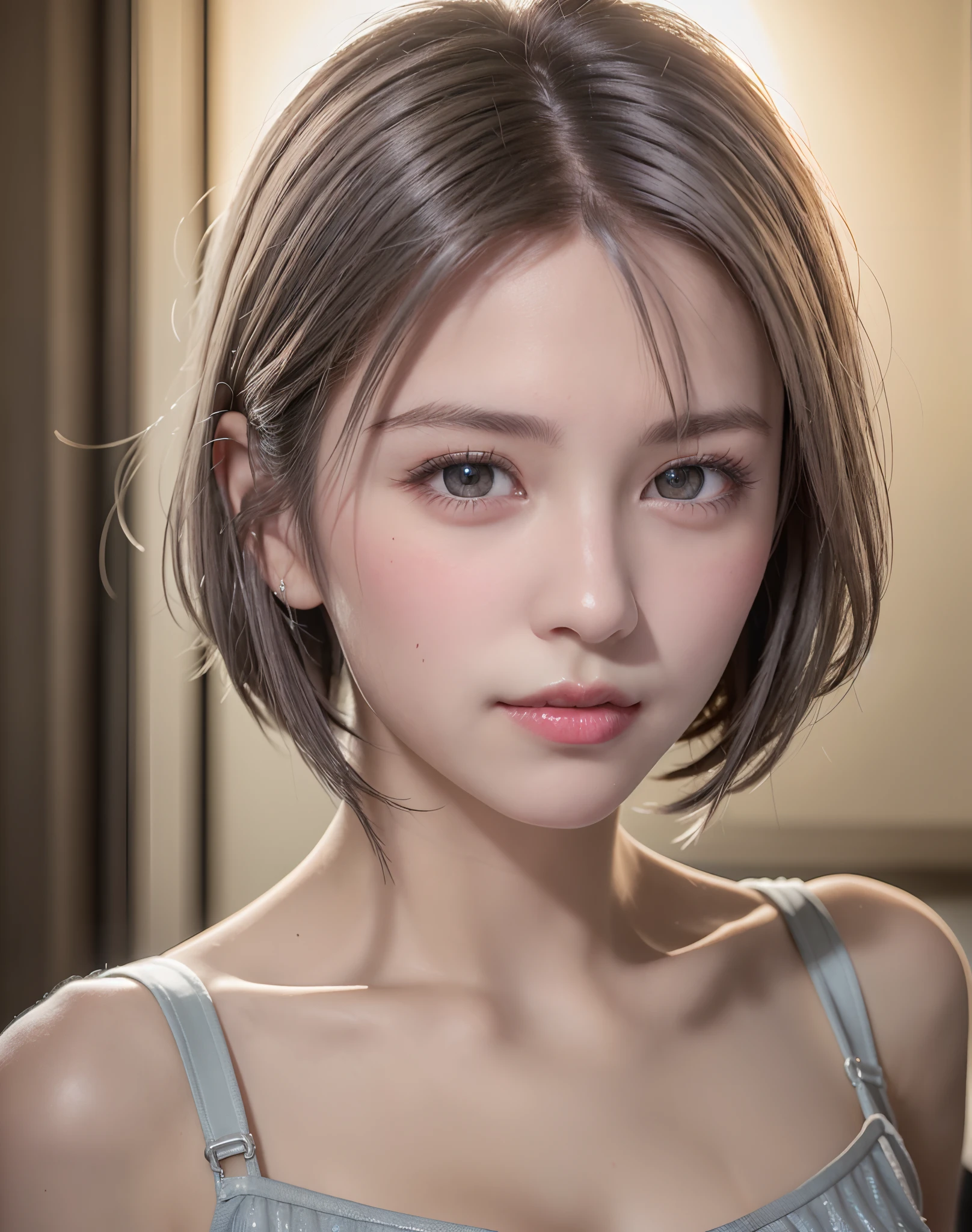 (8K, Photorealistic, Raw photo, of the highest quality: 1.3), (1girl in), Super beautiful, (Realistic face), (boyish, Silver Color Berry Shorthair), Beautiful , Glare that captivates the viewer, Beautiful expression, Beautiful breasts, (Realistic skin), Beautiful...