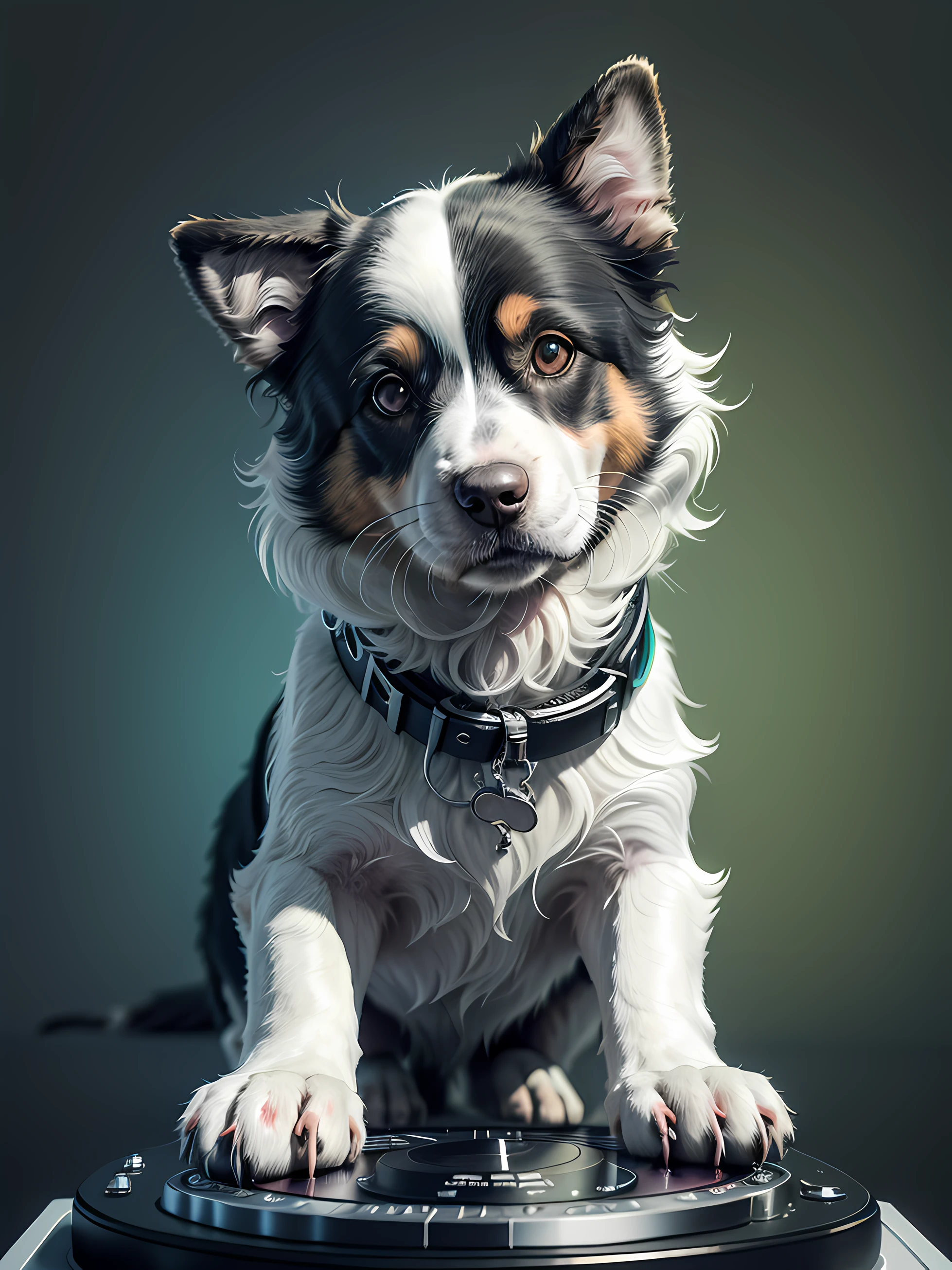 um cachorro Border Collie, pintura estilo 3D aquarela, DJ dog listening to music, DJ Border Collie Dog, imagem completa, High resolution high contrast (fotorrealista:1.5), (Foto RAW, 8k UHD,