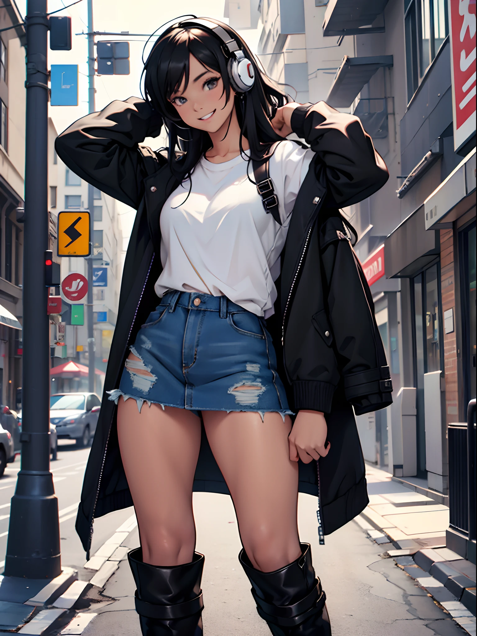 Girl with black Jacket, black long hair, denim miniskirt, white t-shirt, sexy black high boots, smiling, headphones, enjoying music