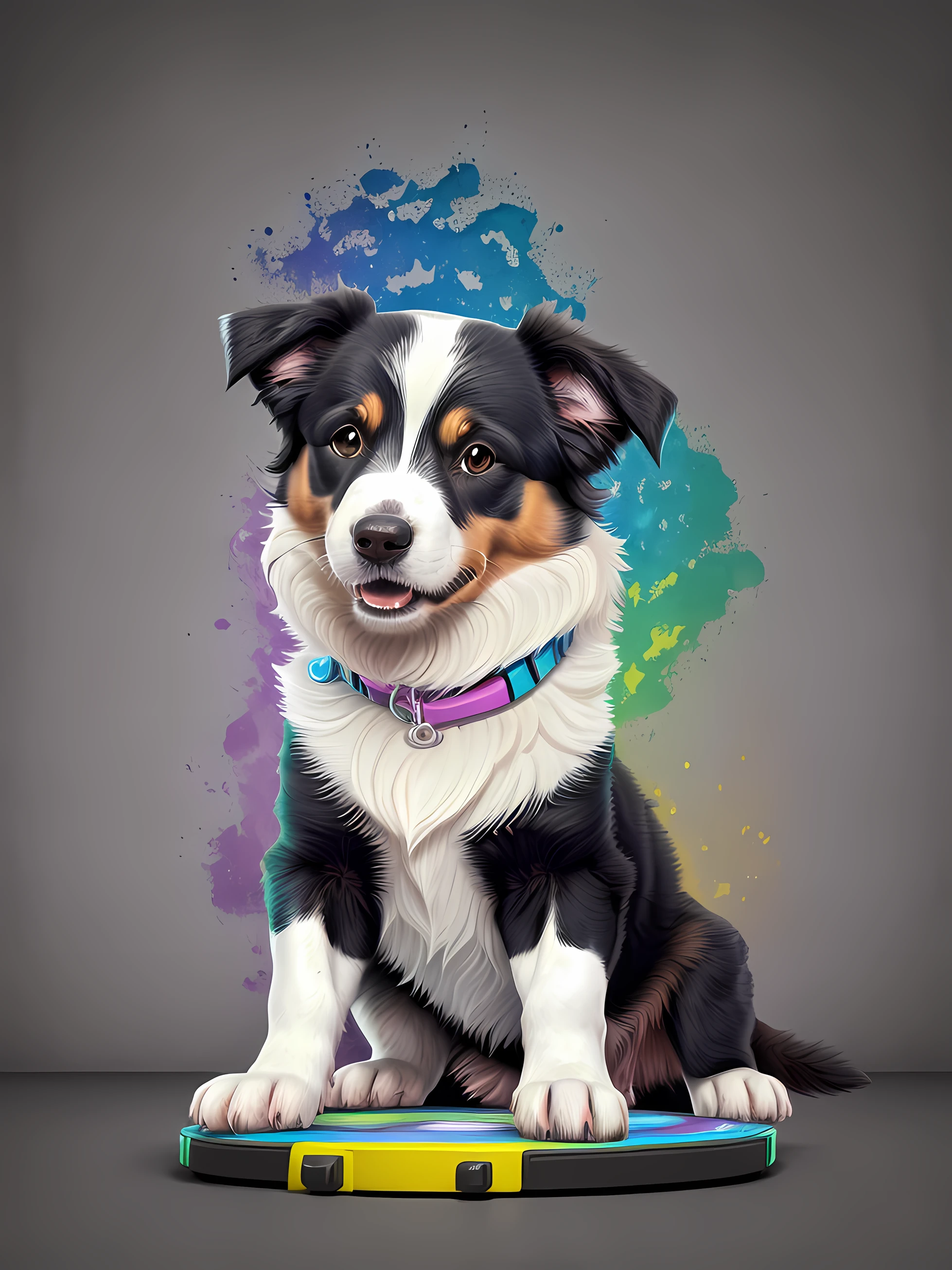 um cachorro Border Collie, pintura estilo 3D aquarela, DJ dog listening to music, DJ Border Collie Dog, mesa de som de DJ, imagem completa, High resolution high contrast (fotorrealista:1.5), (Foto RAW, 8k UHD,
