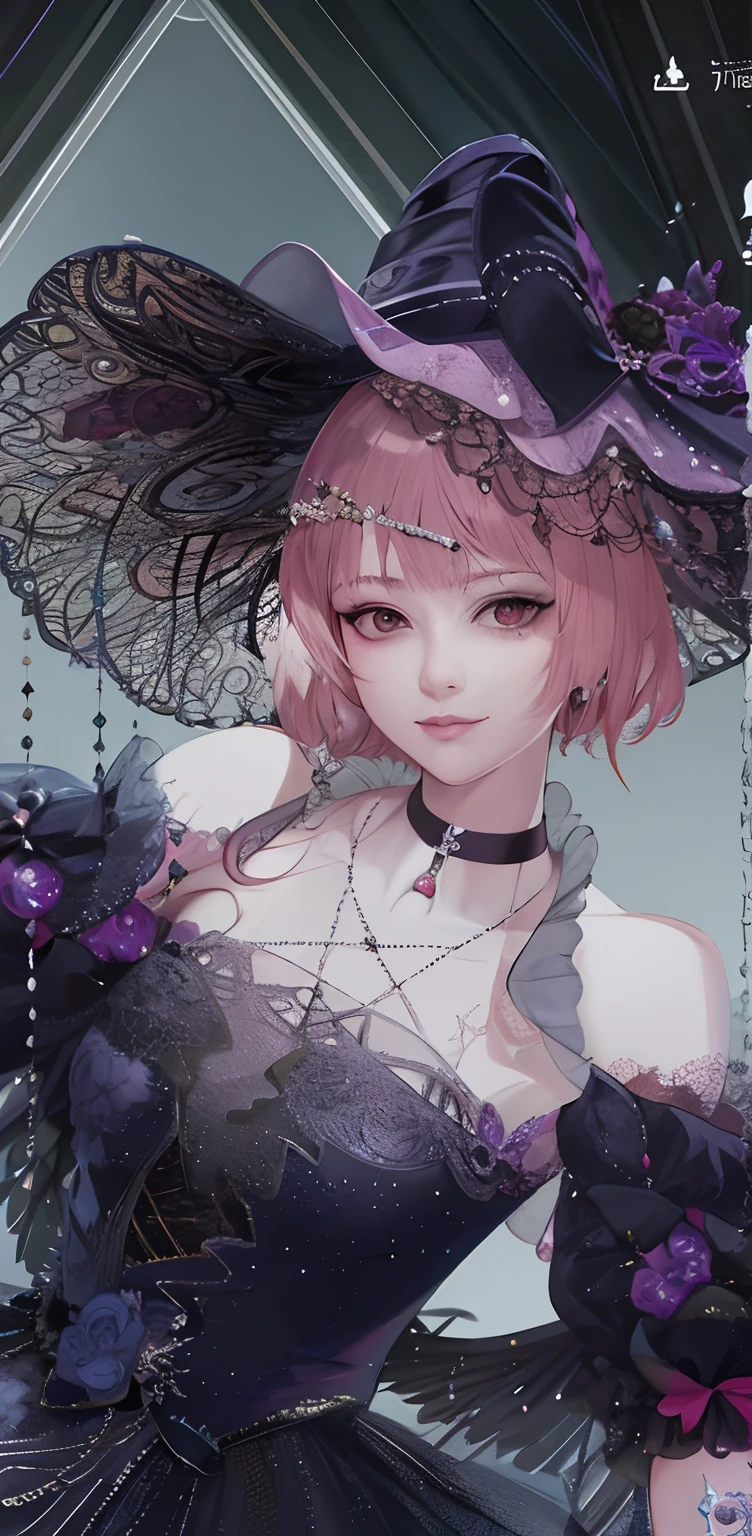 There was a woman in a purple dress and a black hat, intricate ornate anime cgi style, Guviz, rococo cyberpunk, hyper-detailed fantasy character, High quality detailed art in 8K, trending on cgstation, fairy core, Anime style. 8K, anime highly detailed, render of april, Rendu portrait 8k, close up character, portrait of magical girl