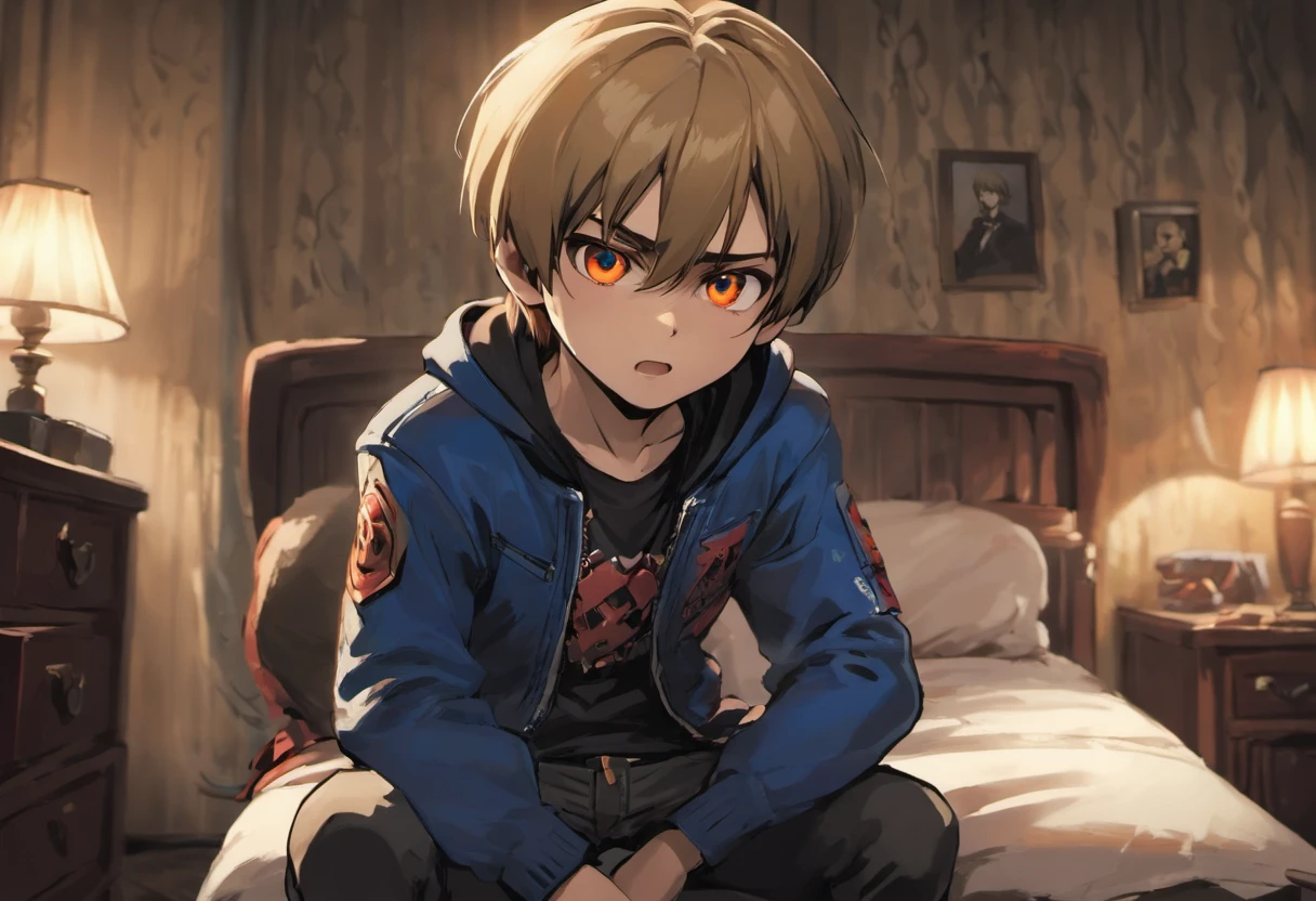 Leon S. Kennedy 9  sitting on his bed in his room in an ordinary house with a scared look on his face