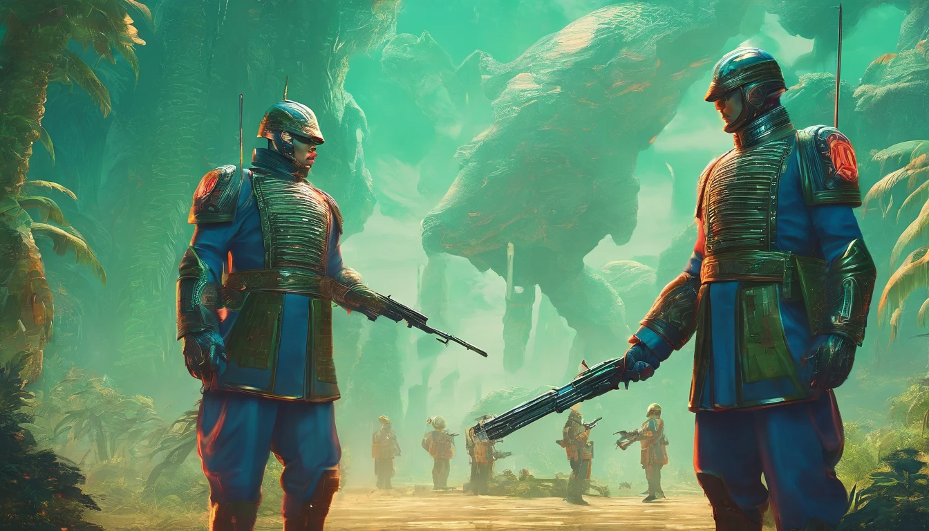 Ancient Chinese soldiers meet ancient European soldiers in the jungle,Weapon each other against each other,The atmosphere is intense,