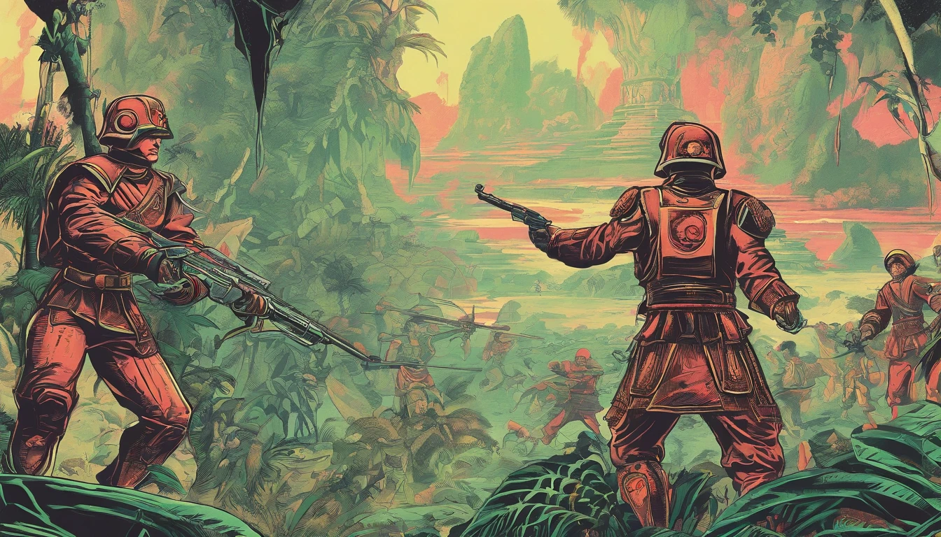 Ancient Chinese soldiers meet ancient European soldiers in the jungle,Weapon each other against each other,The atmosphere is intense,