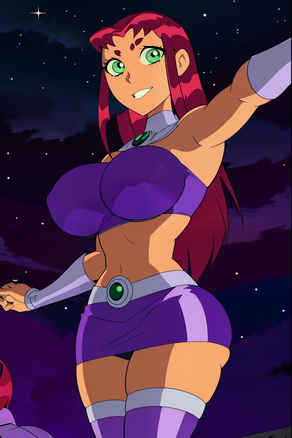 titans, Starfire, anime, masterpiece, 1girl, ((bimbo))), green eyes, beautiful eyes, cute smile, long red hair, wide hips, thick thigh, big breast, huge ass, shiny skin, purple skirt, purple top, reaching out
