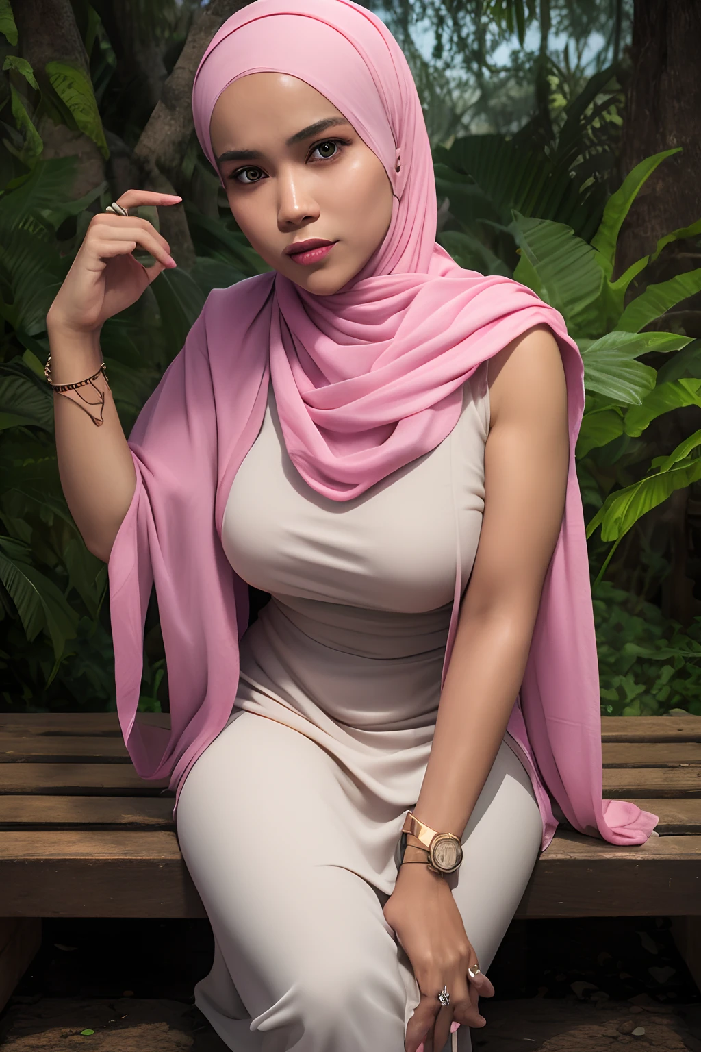 Typhoon, photorealistic full body portrait. amazingly cute malay woman with torn pink pastel shawl style hijab in her twenties crying against the background of fantastic jungle and muddy ground, clear white skin, wet and muddy, scratches everywhere, face dirty with torn ripped dirty hijab, bare feet without underwear, torn and tattered tank top, torn pleated skirt, white skin, chest, thighs, smooth skin, frightened desperate, desperate expression, isometric details, amazingly realistic pictures, 8K High Quality Medium Dark Lighting, High Detail, Detail Eye, Detail Face