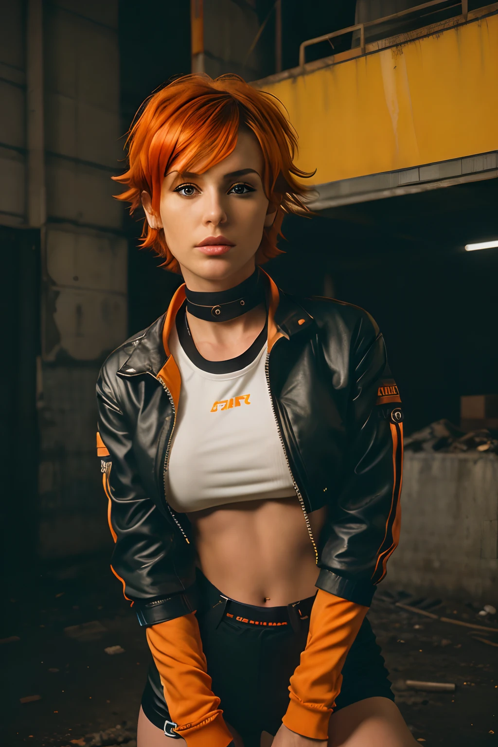 A girl with orange hair, with blue revealing cyberpunk outfit, in a colorful meadow, at night nsfw
