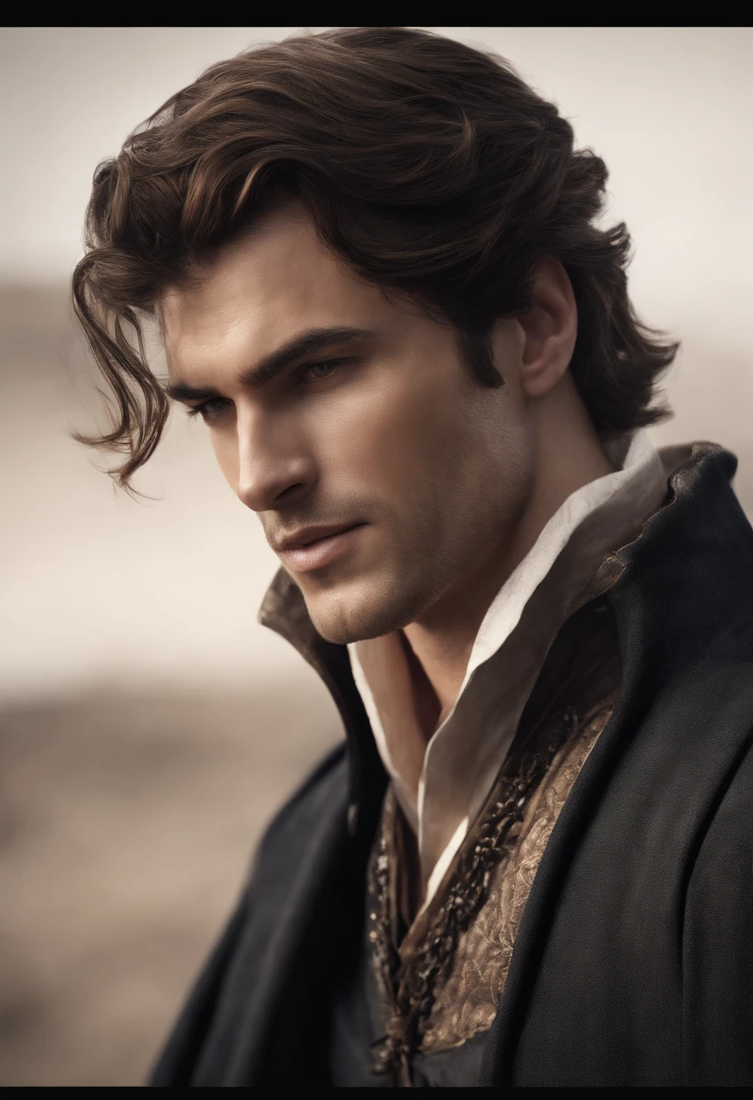 (best quality, high resolution, realistic:1.37), Gilthunder is a British man of medium height, with a slender but muscular build who exudes confidence. His hair is deep, straight brown, reaching down to his neck, with a few strands delicately falling into his face, adding a touch of mysterious elegance. His face is truly remarkable, with beautiful features and a chiseled jawline that gives an air of determination. Her skin is pale, with a subtle pink undertone, further highlighting her classic beauty. His lips are naturally pink, while his nose is straight and flawless, completing the harmony of his face. Gilthunder's eyes are like two deep pools of intense blue, carrying a serious and piercing expression. They seem to reflect deep knowledge and unshakable inner strength. Dressed in a black medieval robe, Gilthunder emits an aura of mystery and authority. His figure, with the tunic accentuating his silhouette, seems straight out of a tale of knights and castles. Additionally, He has a muscular physique, further enhancing his imposing presence. Cinematic Realistic Portrait, Beautiful Detailed Face, Highly Detailed Realistic Face, 8k Highly Detailed Face, Realistic Detailed Face Portrait, 8k Portrait Rendering, Sharp High Detail Face , realistic face moody lighting, detailed realistic face, realistic human face, Highly detailed VFX Portrait, detailed and realistic face, realistic and detailed face