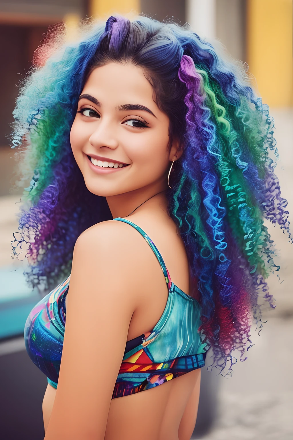 Menina realista, latina, sorrindo, cabelo volumoso e grande, liso, colorido realista, 4k hd