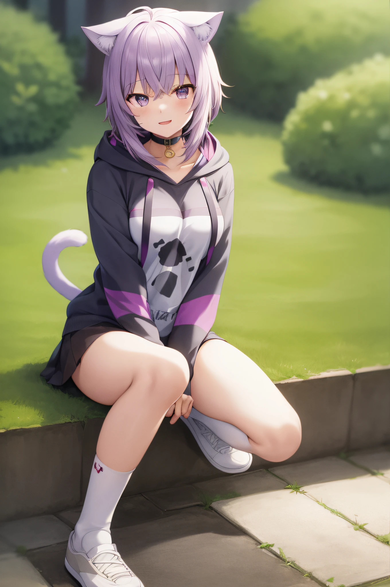 masterpiece, Best Quality, Anime, 1girl in, Solo, nekomata okayu, hoodie, white legwear, cat tail