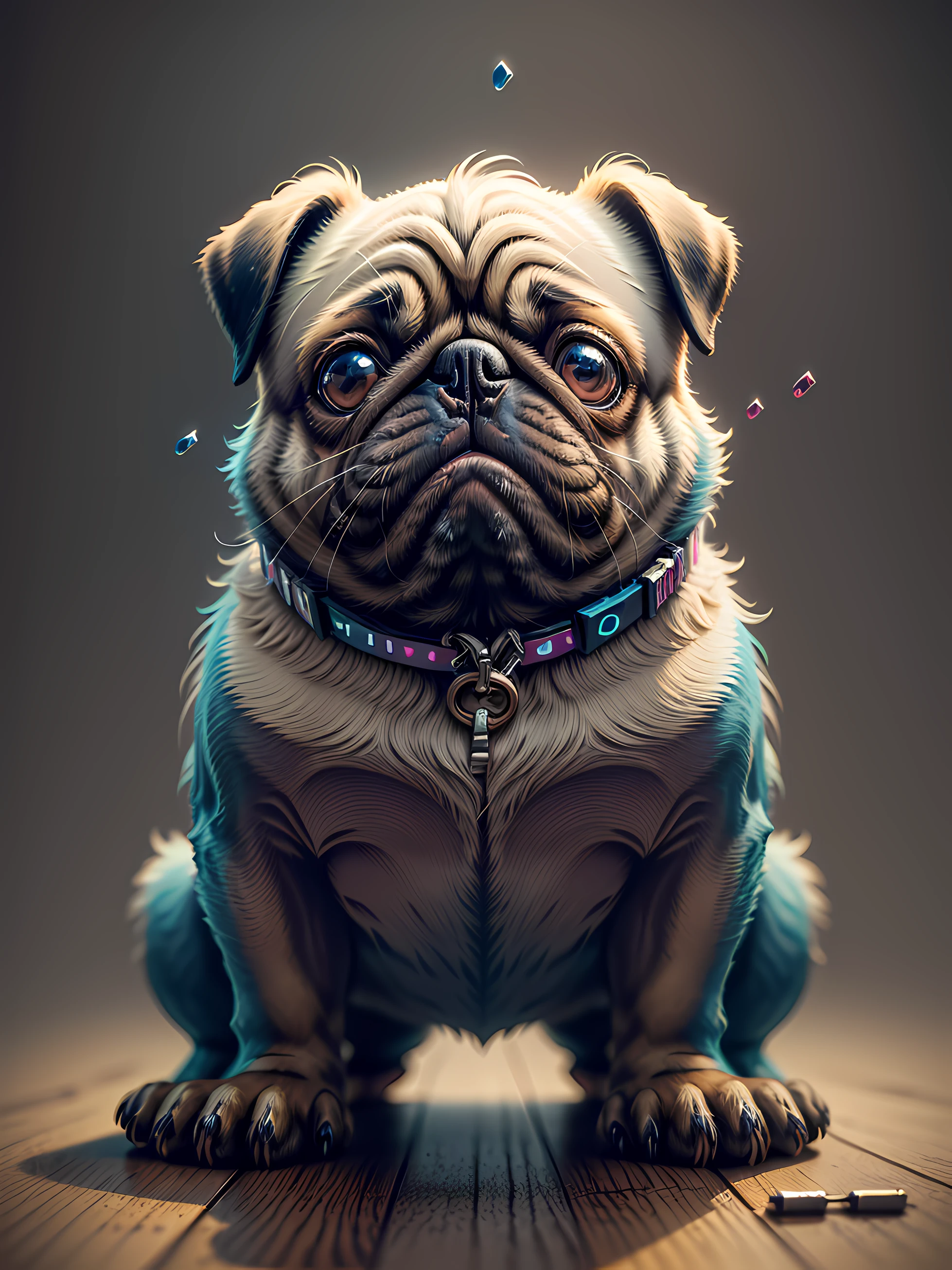 um cachorro Pug, pintura estilo 3D aquarela, DJ dog listening to music, DJ Pug Dog, mesa de som de DJ, imagem completa, High resolution high contrast (fotorrealista:1.5), (Foto RAW, 8k UHD,