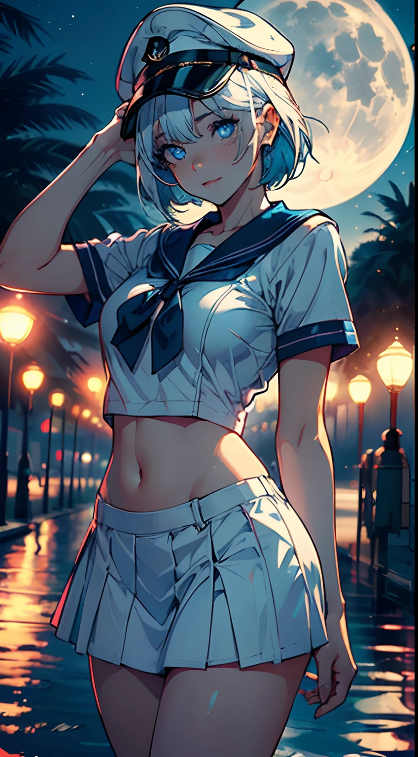 ((masterpiece), best quality, expressive eyes, perfect face, a marine girl, navy costume, sailor clothes, sailor collar, white shirt, (blue cap), (white hair), short hair, ((blue eyes, glowing eyes, night)), cropped shirt, defined abdomen, sensual, summer night, warm colors, back light, peaceful, peace, beautiful girl, beautiful eyes, stunning eyes, feminine, defined curves, white skirt, cinematic, asthetic, gorgeous, amazing, cute girl, happy, happyness,smilling, good energy, good vibes, full moon in the sky, bokeh, (full moon)
BREAK she is wearing a sailor clothes, she is using white shirt , she is wearing a blue cap, she is happy, is night, summer, the image transmit a peaceful feeling, the image pass happy emotions, beautiful asthetic, the image has a perfect light and cool colors