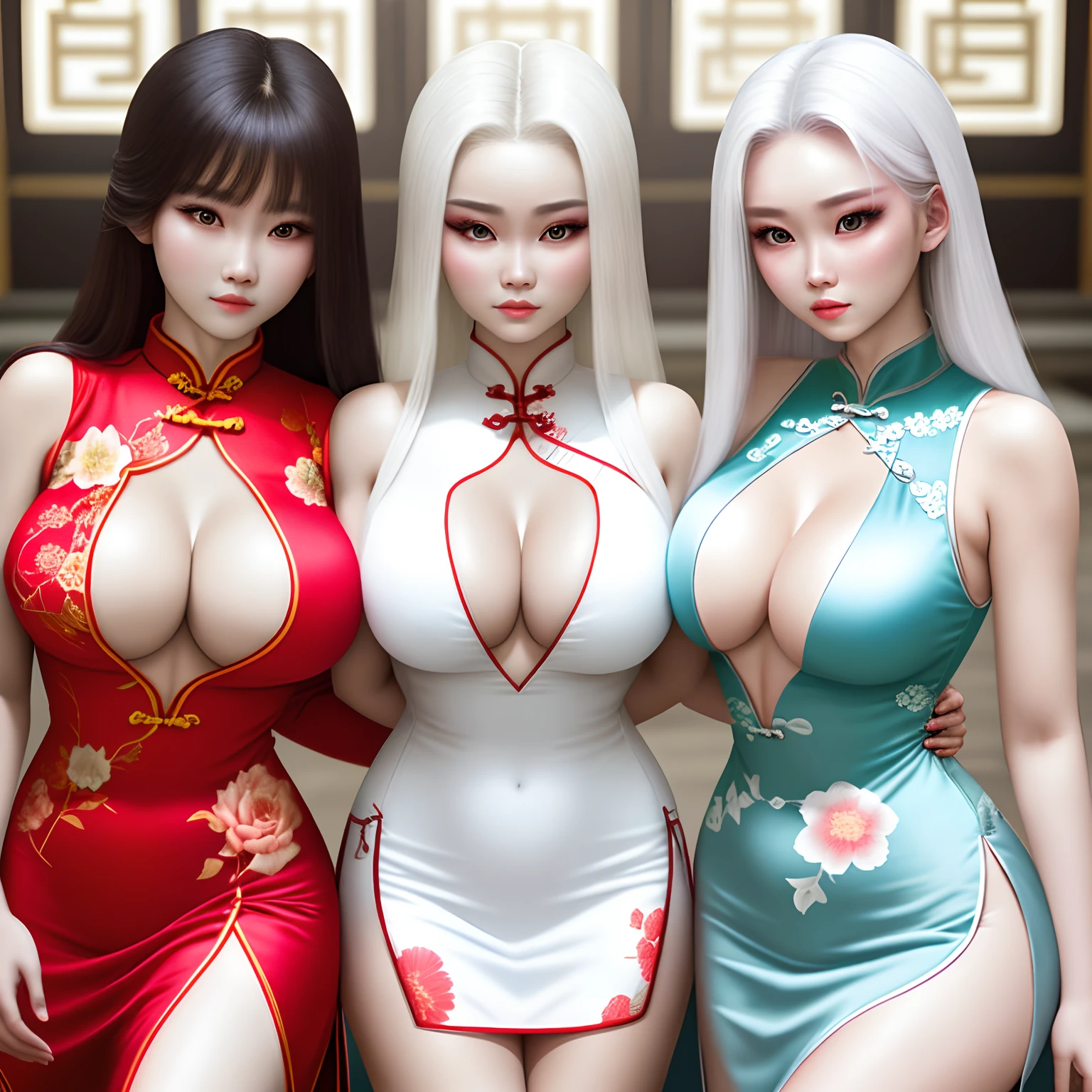 3 beauties wearing cheongsam,white skinned,Bigchest,Expose cleavage