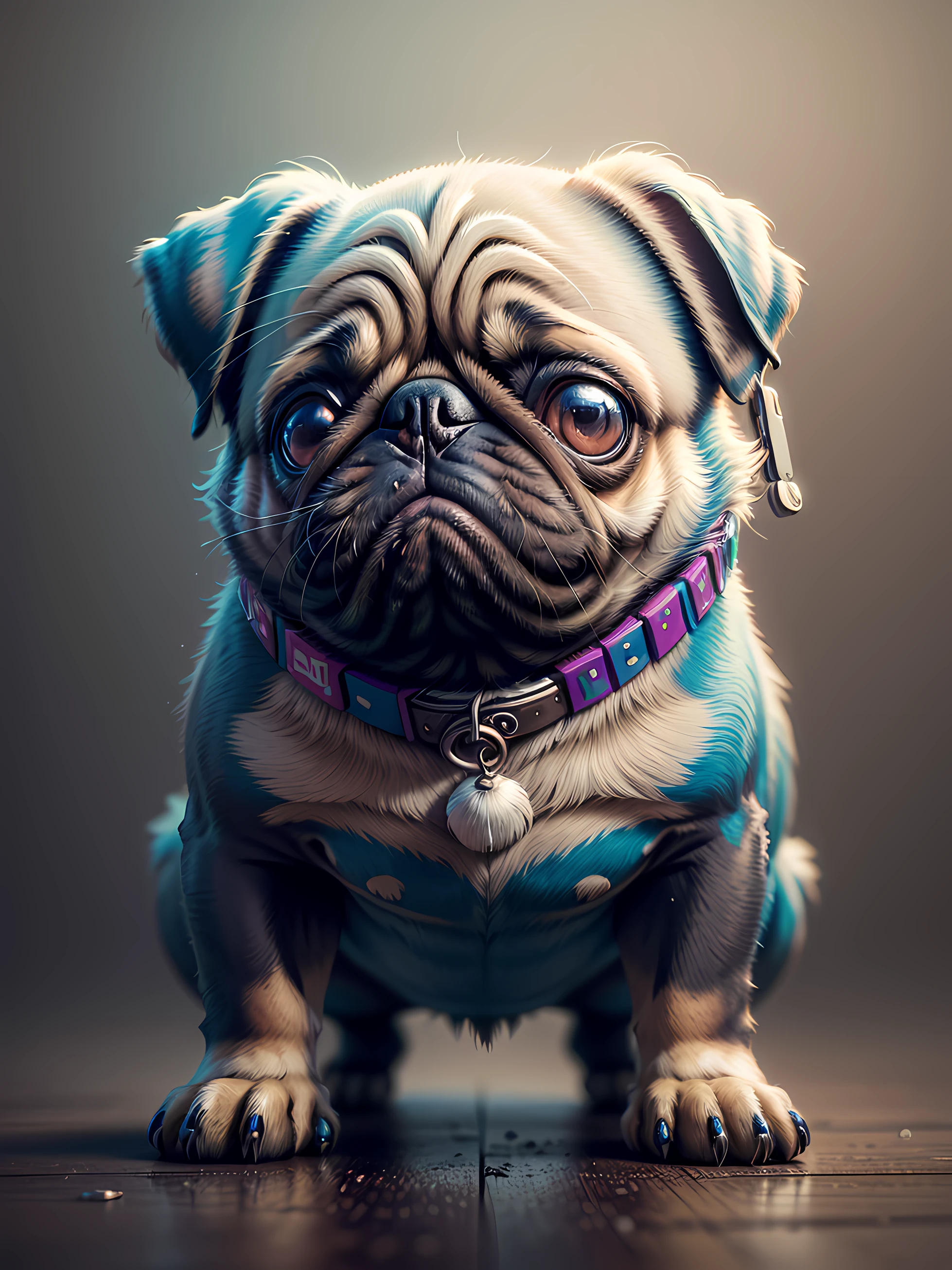 um cachorro Pug, pintura estilo 3D aquarela, DJ dog listening to music, DJ Pug Dog, mesa de som de DJ, imagem completa, High resolution high contrast (fotorrealista:1.5), (Foto RAW, 8k UHD,