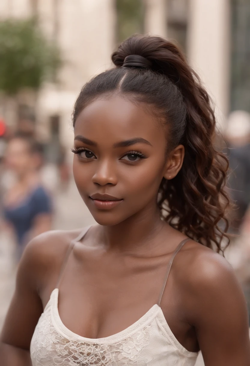 ((Dark African skin, Very deep ebony skin)), ((Its beauty is undeniable)), ((Excited cute face)), ((Perfect hazelnut eyes hyper detailed,)), ((Pose mignonne)), , ((Seductive )), sexy, (( Tight mesh shirt, shorts courts sexy)), ((African hair smooth long curly ponytail,)), (( peau)), ((debout, Vue de face)), ((toucher ses propres jambes dans une pose sexy)), ((dehors, Ville publique)), Sharp Focus CGI, photoreallistic, High detail, Realstic, Masterpiece, absurdes, Best quality, Hdr, High quality, high-definition, Extremely detailed, 8k wallpaper, Intricate details, 8K UHD, Full-HD, (photo realist:1.2), contraste, intense illumination, lighting cinematic, natural lighting, hard light, contre-jour, Illumination globale, occlusion ambiante