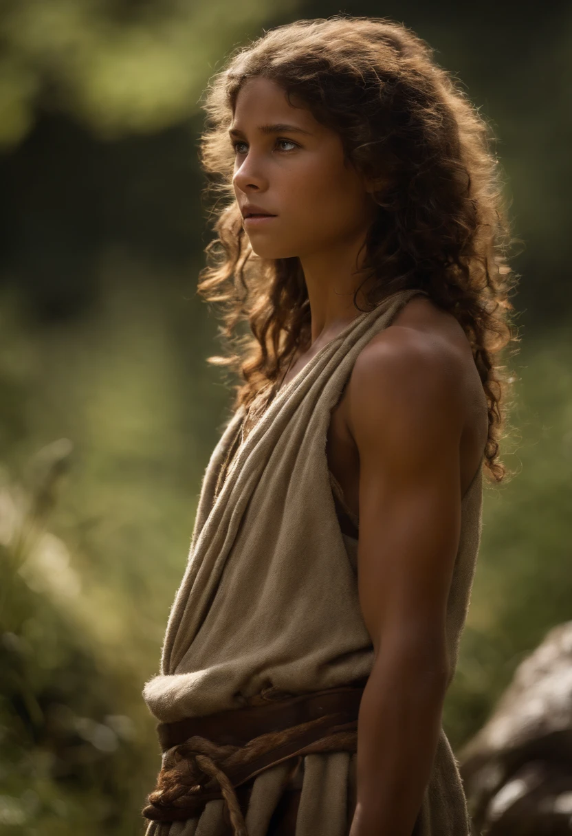 (Best quality, high resolucion, Realstic:1.37), A 16-year-old Stone Age ager, peau mate claire, long, frizzy hair, entrain de battre avec son sagaie contre un tigre a dent de sabre, Ultra detailed, Ancien humain, , Prehistoric scene, Realistic representation of the Stone Age
