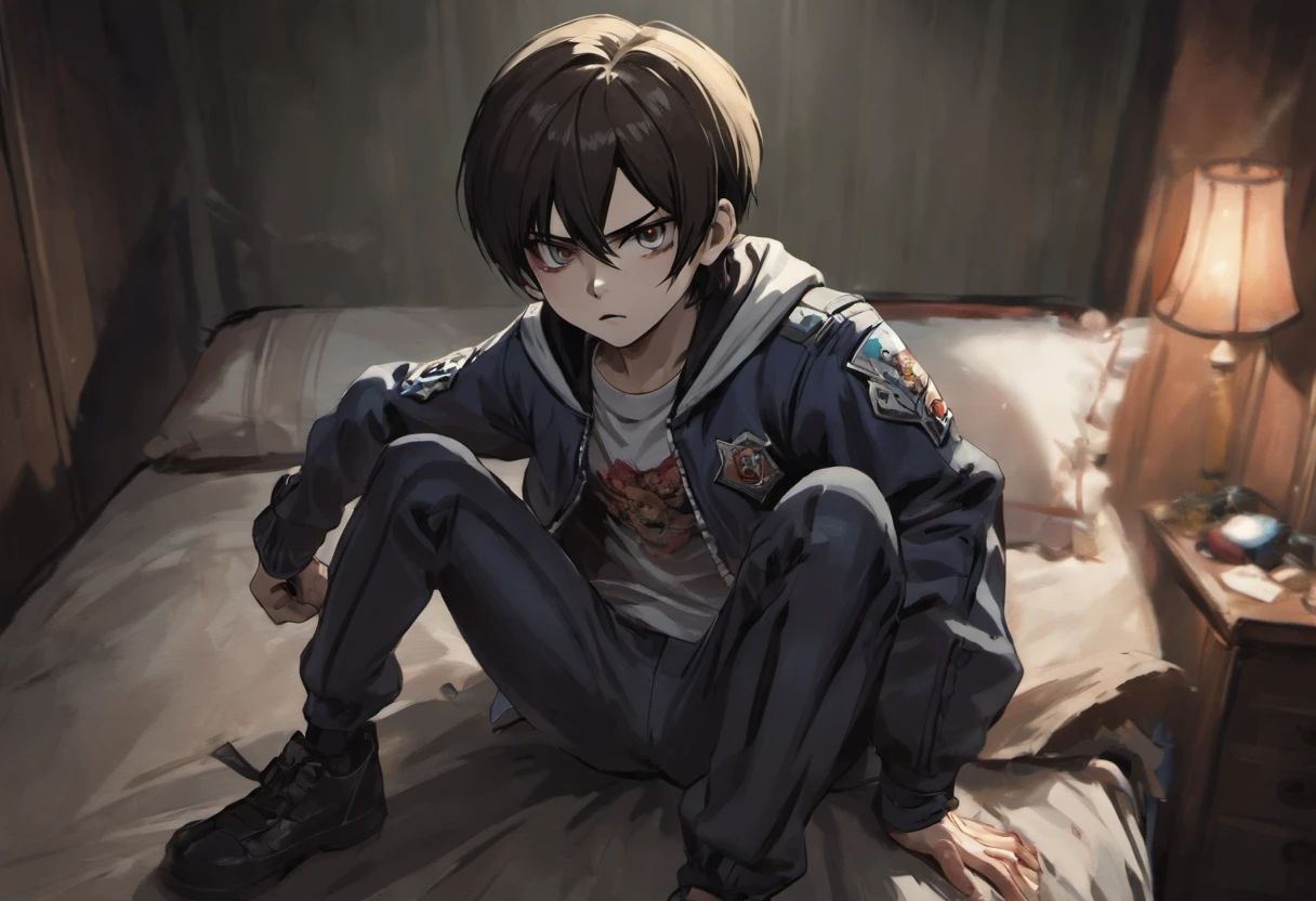Leon S. Kennedy 9 sitting on his bed in his room in an ordinary house with a look of fear, black hair, the screen a little far away