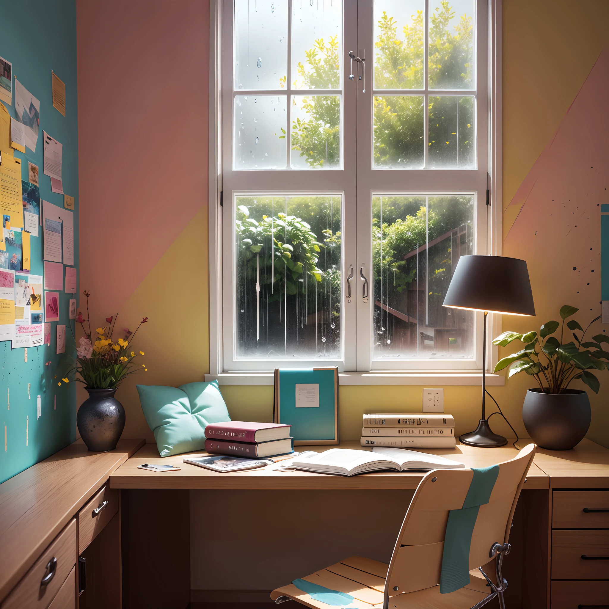 Vibrant study room, a lively burst of colors, with rain pouring outside the window. The atmosphere is dynamic and energizing, with bold hues adorning the walls and furniture. The rain-splattered windowpane adds a cozy, introspective touch.