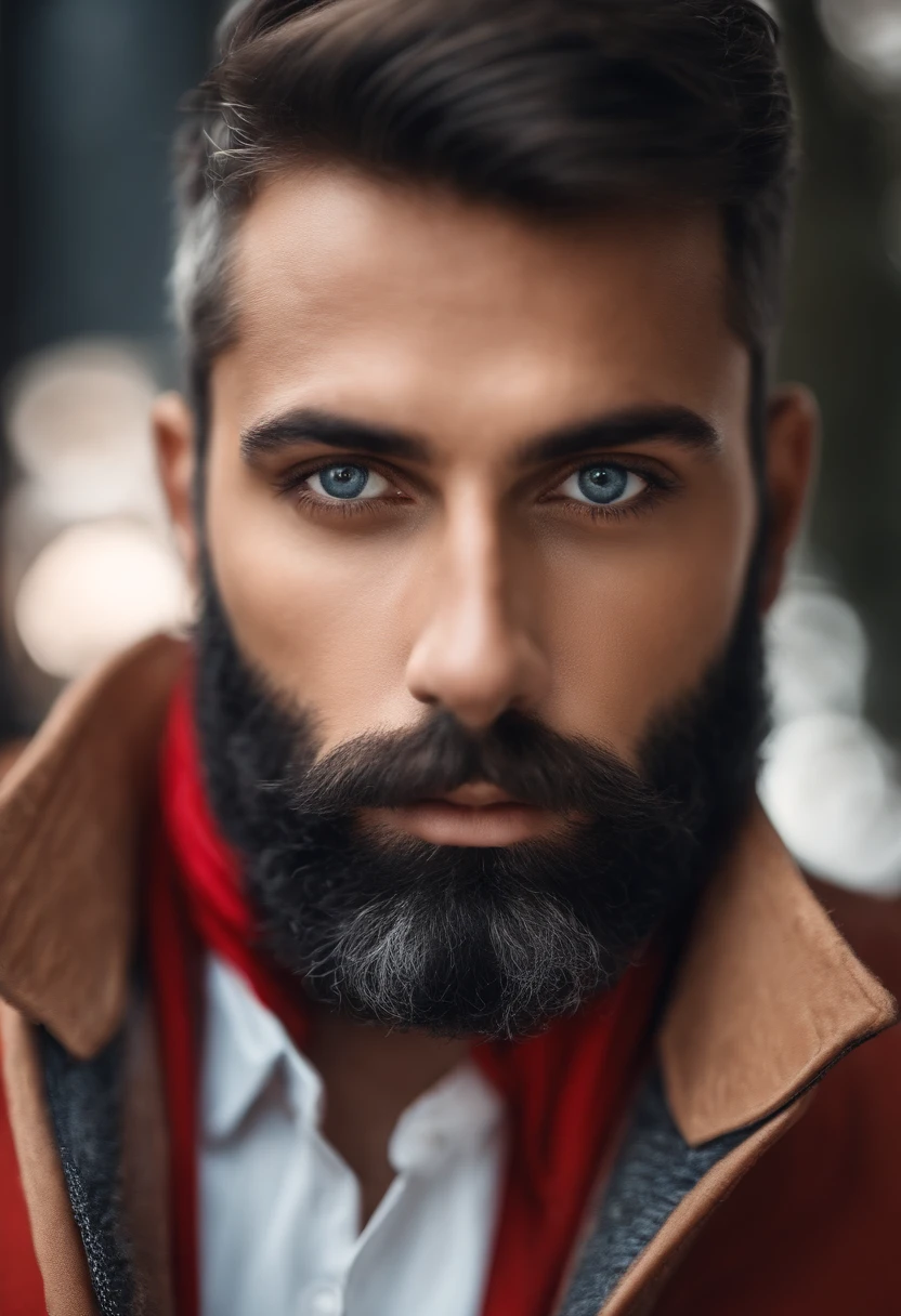 Homem branco de barba por fazer,olhos azuis,altura de 1,78m,roupa social pret,gravata vermelha,Red fingernails,fundo de estudio de fotos