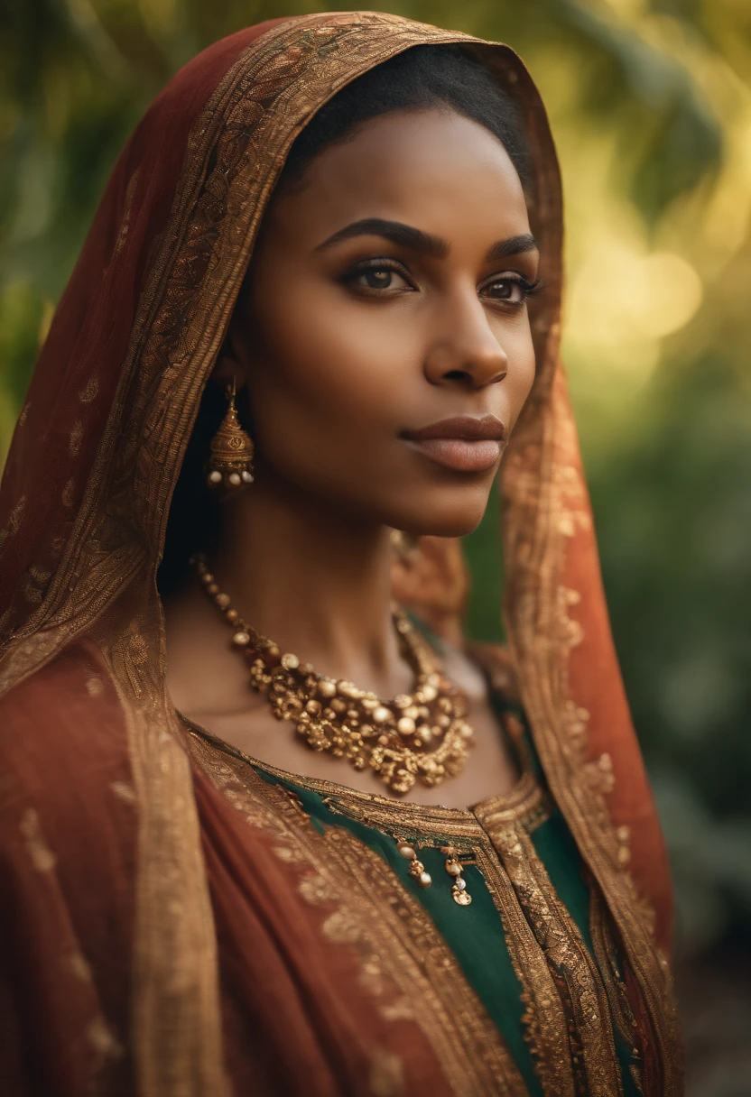 (realistic video,ultra-detailed),(best quality,4k,8k,highres,masterpiece:1.2),(HDR,UHD),(portrait,concept artist:1.1),A young mixed-race African woman wearing a veil walking towards the camera,beautiful detailed eyes,beautiful detailed lips,extremely detailed face and eyes,long eyelashes,wearing traditional African clothing with vibrant colors,a serene expression,walking gracefully in a lush garden with blooming flowers,a soft natural light illuminating her face,green foliage creating a peaceful background,image with warm hues and rich contrast.
