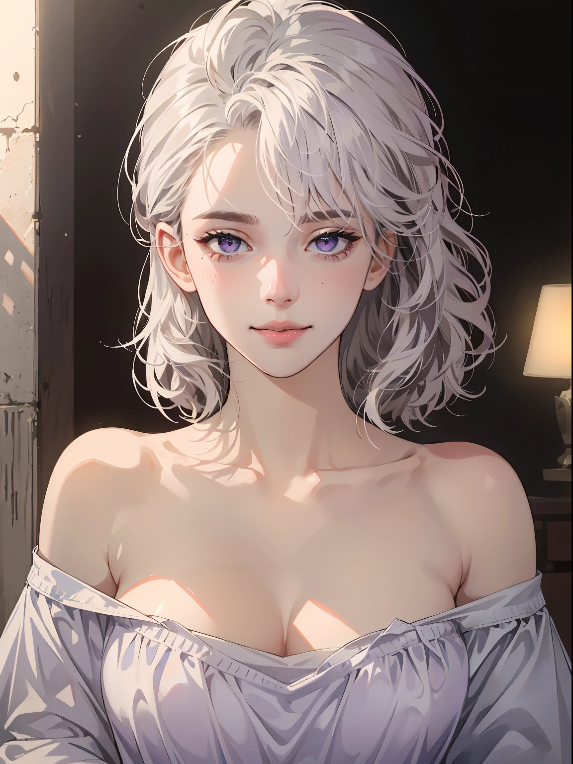 Best quality, masterpiece, ultra high res, (photorealistic:1.5), raw photo, 1girl, offshoulder, in the dark, deep shadow, low key, cold light, sexy look, white hair, short wavy hair, purple eyes, light smile, (large breasts: 1.2), white oversized t-shirt