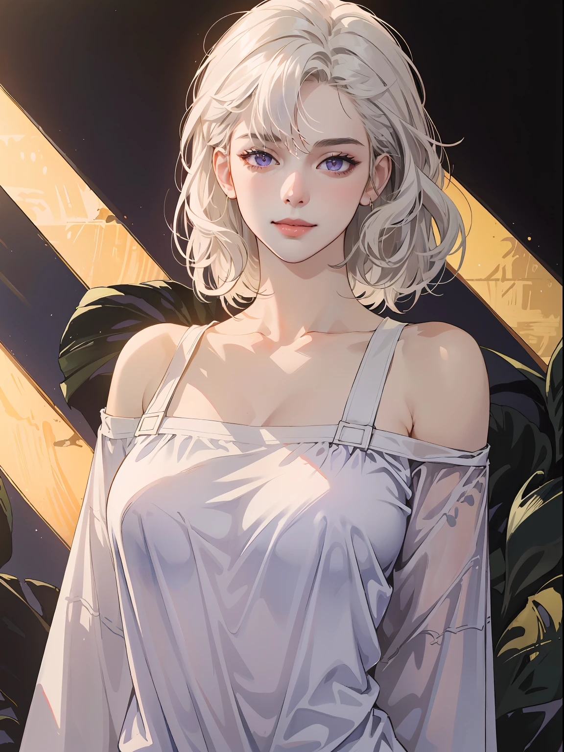 Best quality, masterpiece, ultra high res, (photorealistic:1.5), raw photo, 1girl, offshoulder, in the dark, deep shadow, low key, cold light, sexy look, white hair, short wavy hair, purple eyes, light smile, (large breasts: 1.2), white oversized t-shirt