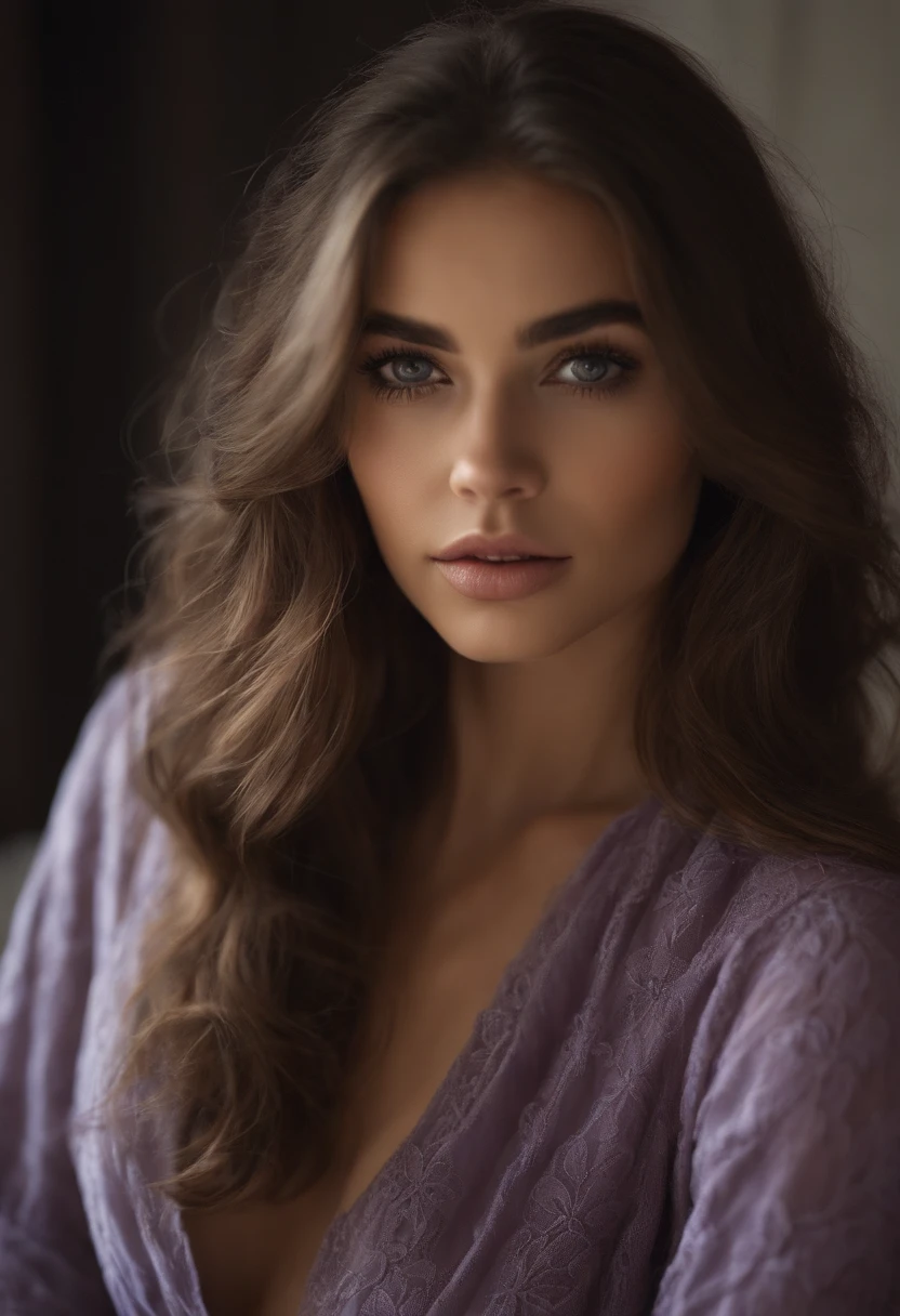 Arafed woman completely , fille sexy aux yeux bleus, ultra realist, Meticulously detailed, Portrait Sophie Mudd, cheveux bruns et grands yeux, selfie of a young woman, Yeux de chambre, Violet Myers, sans maquillage, maquillage naturel, looking straight at camera, Visage avec Artgram, Maquillage subtil, Great photo of the whole body kneeling on the bed, dans la chambre, Medium to large size bust showing her breasts