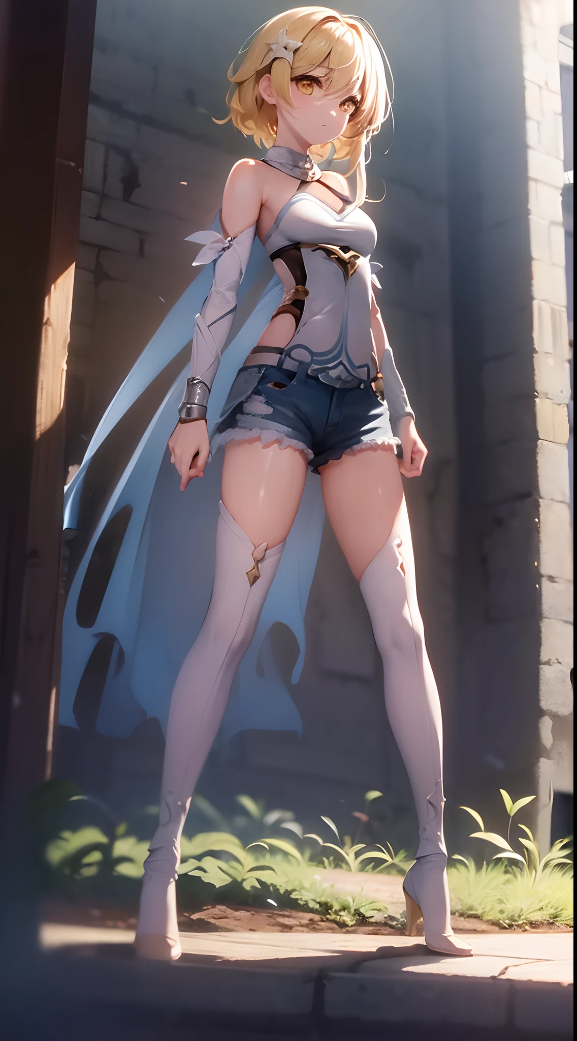 ((medium breast, tomboy girls, small head)), daylight, sunlight, (chiseled abs : 1.1), (perfect body : 1.1), (short wavy hair : 1.2) , blonde hair, collar, chain, full body shot, crowded street, wearing black tanktop, jeans jacket, ((shorts)), (extremely detailed CG 8k wallpaper), (an extremely delicate and beautiful), (masterpiece), (best quality:1.0), (ultra highres:1.0), beautiful lighting ,perfect lightning, realistic shadows, [high res], detailed skin, ultra-detailed